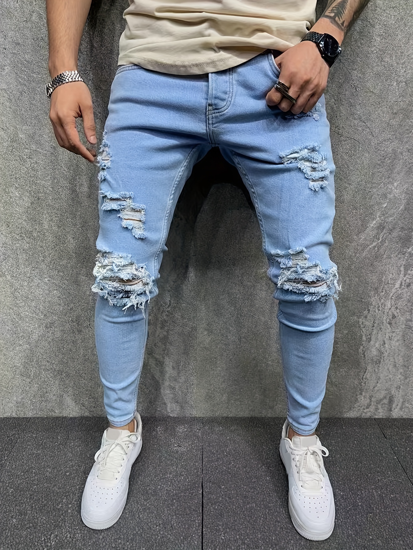 Men's Chic Skinny Jeans Casual Street Style Stretch Denim - Temu