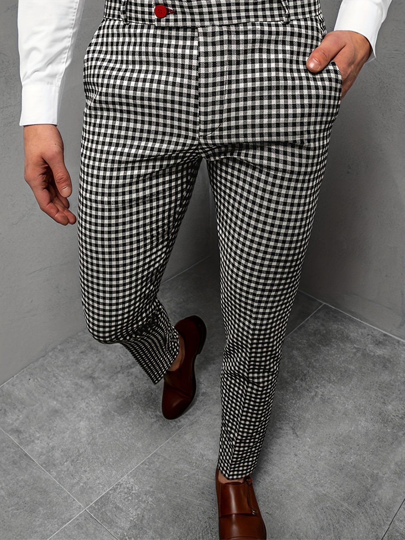 Men's Fashion Casual Check Plaid Trousers Elastic Waist - Temu