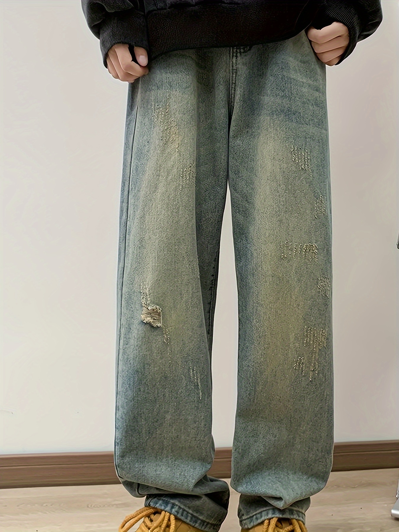 Loose Fit Wide Leg Jeans Men's Casual Distressed Denim Pants