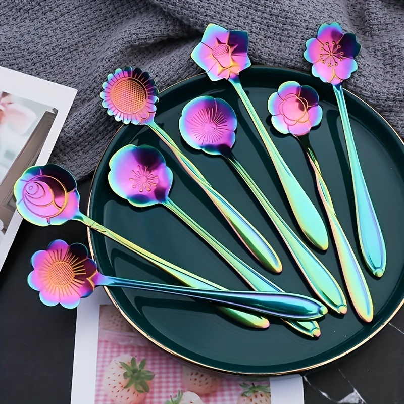 8pcs cute flower spoon set perfect for tea coffee ice cream and desserts stainless steel with golden and silver finish kitchen props for a chic and elegant dining experience 2