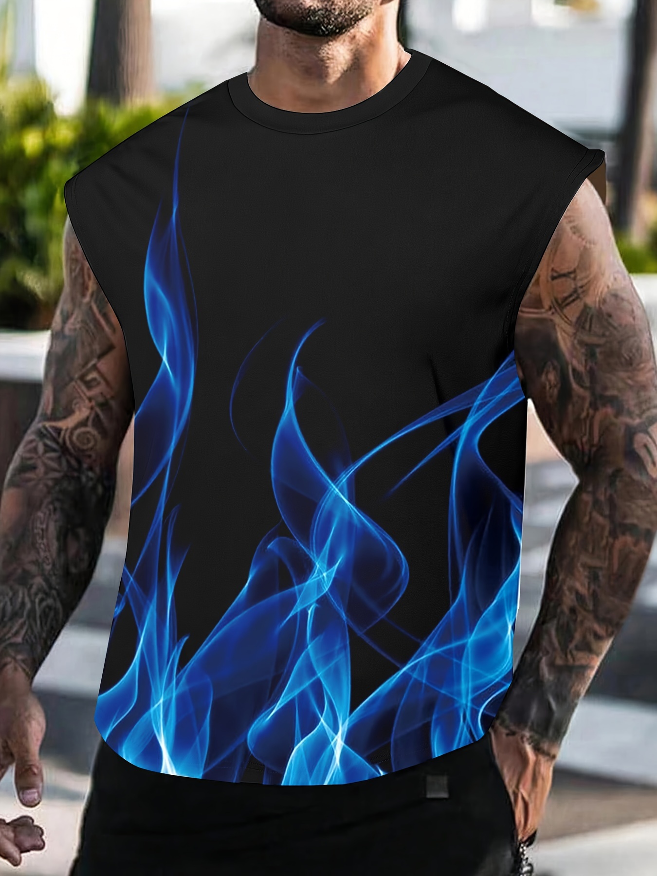 flame print comfy breathable tank top mens casual stretch sleeveless t shirt for summer gym workout training basketball blue 1