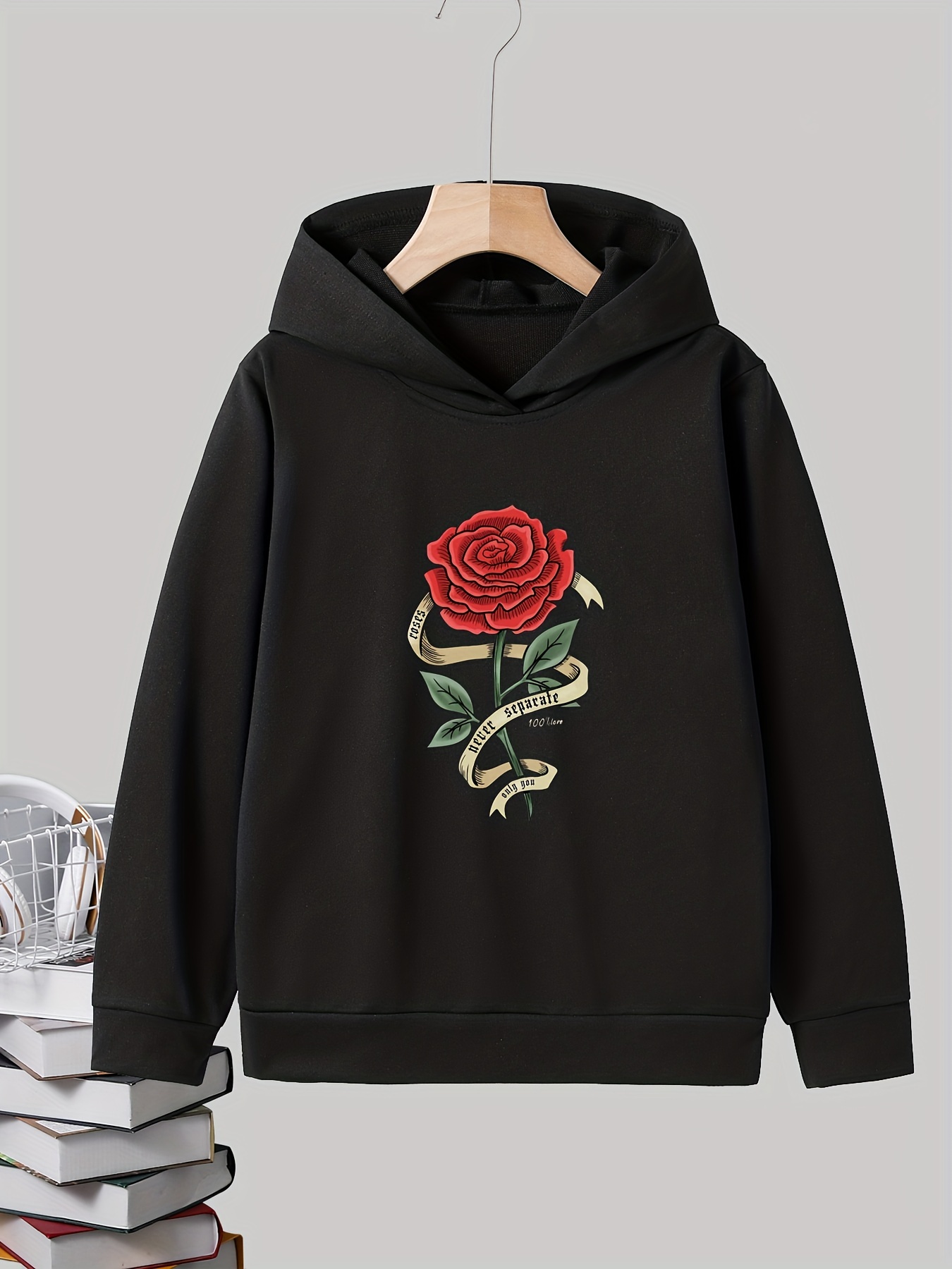 Letter Rose Print Boys Casual Pullover Long Sleeve Hoodies Temu