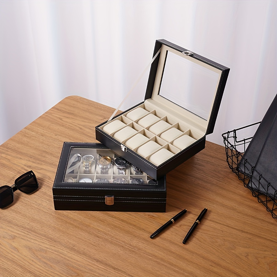 Caja de reloj para hombre, 3 ranuras, caja organizadora de relojes, caja de  almacenamiento de piel sintética con tapa de vidrio
