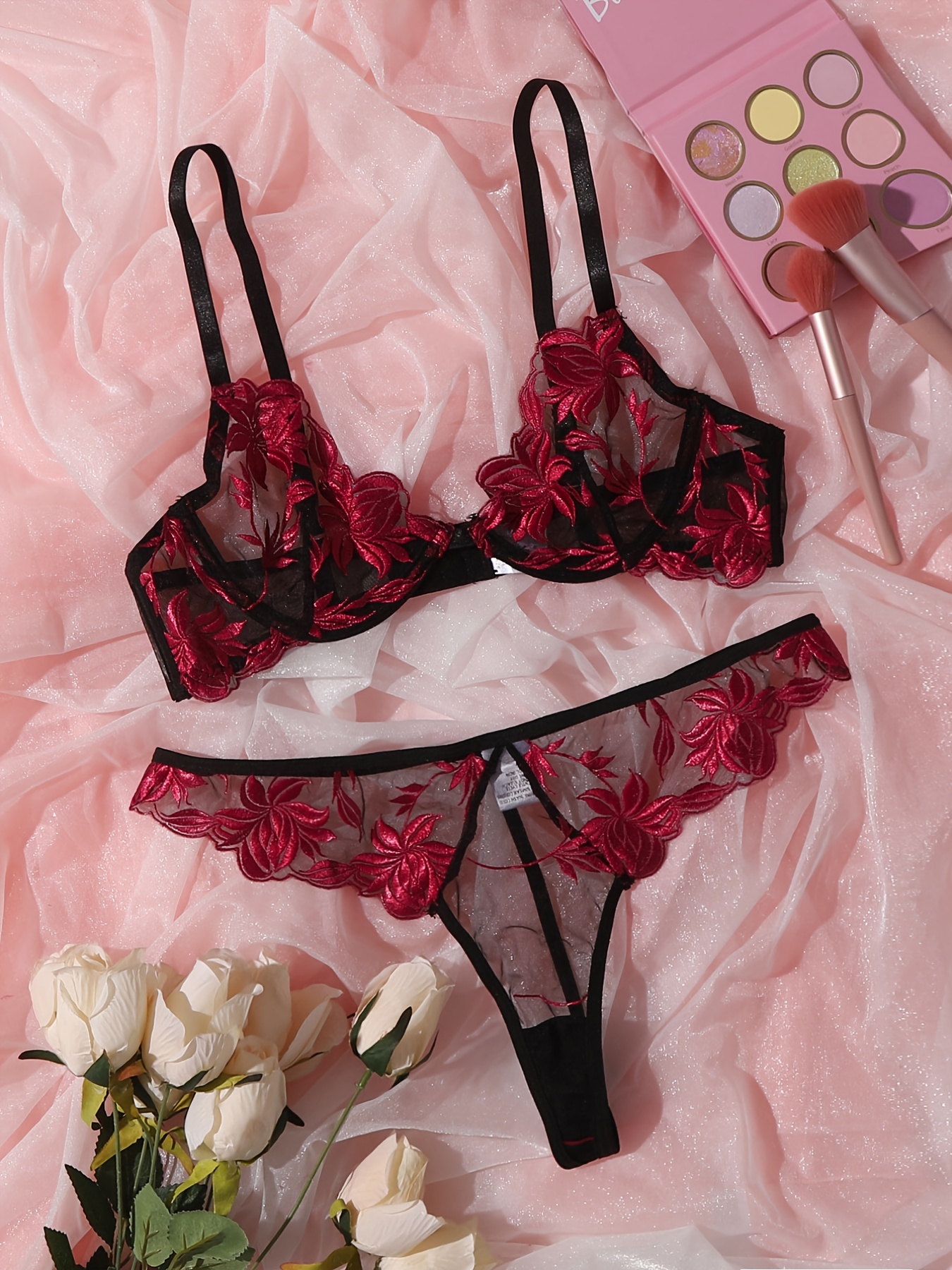 Sexy Floral Embroidery Lingerie Set Unlined Mesh Bra Sheer - Temu