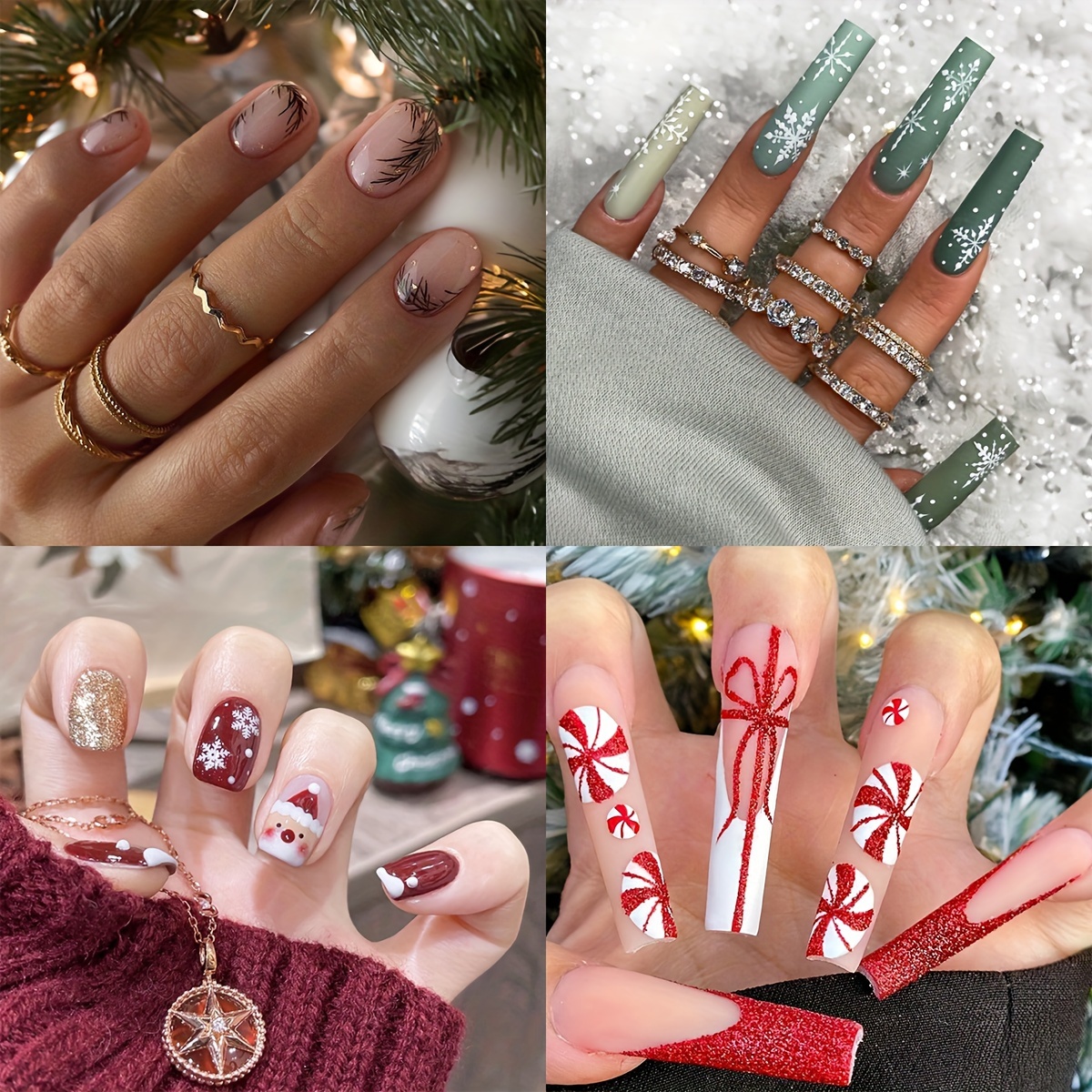 Glossy Square Press On Nails Christmas Fake Nails Long - Temu