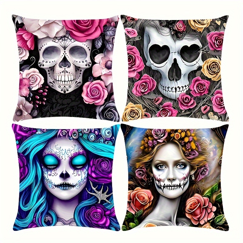 4Pack Halloween Pillow Covers 18x18 - Halloween Decorations Indoor Home Skeleton Pillow Case - Halloween Decor Spooky Gothic Throw Pillows for Goth