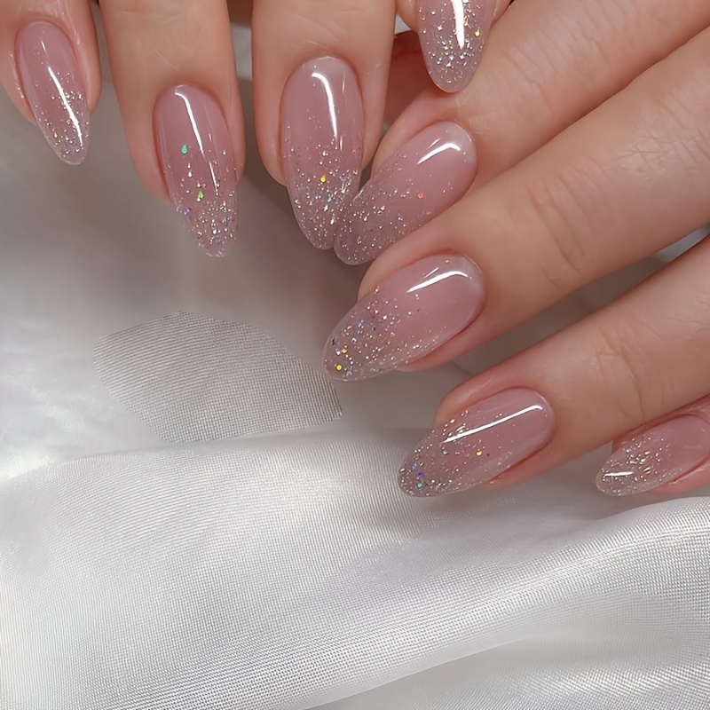 glitter pinkish press on nails shiny sequin cute short oval false nails reusable fake nails for daily wear details 0