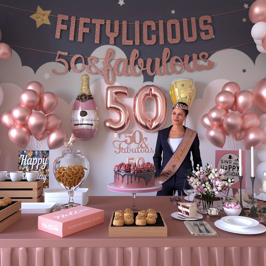 Ballons 50 ans décoration anniversaire femme or rose,déco anniversaire 50  ans femme décoration ballon feuille d'or rose 50e anniversaire déco femme