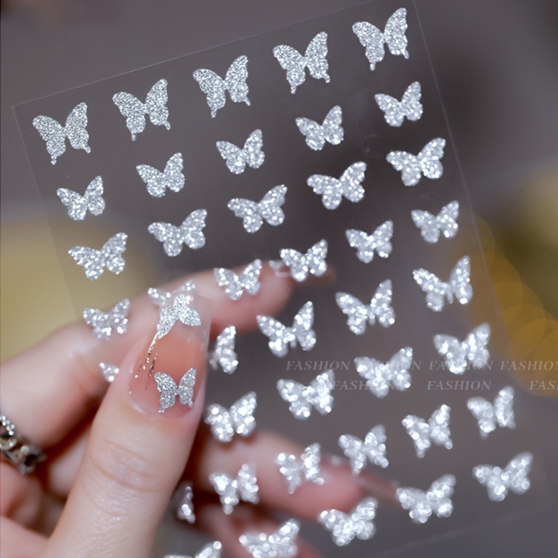 Reflective 3D Nail Stickers Glitter Decals Silver Stars Hearts Butterflies