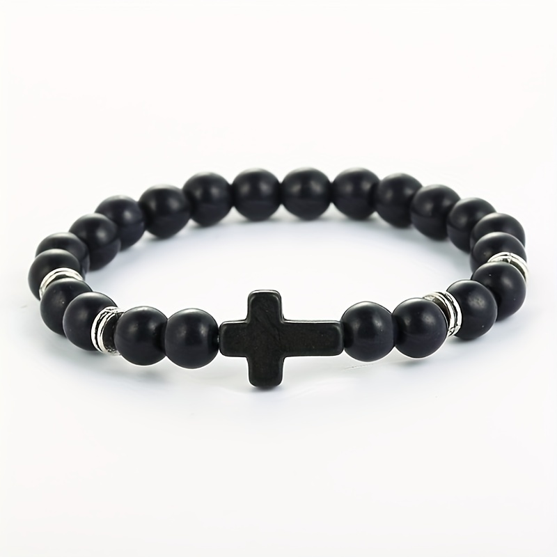 White Black Cross Beads Beaded Bracelet Elastic Prayer Faith - Temu