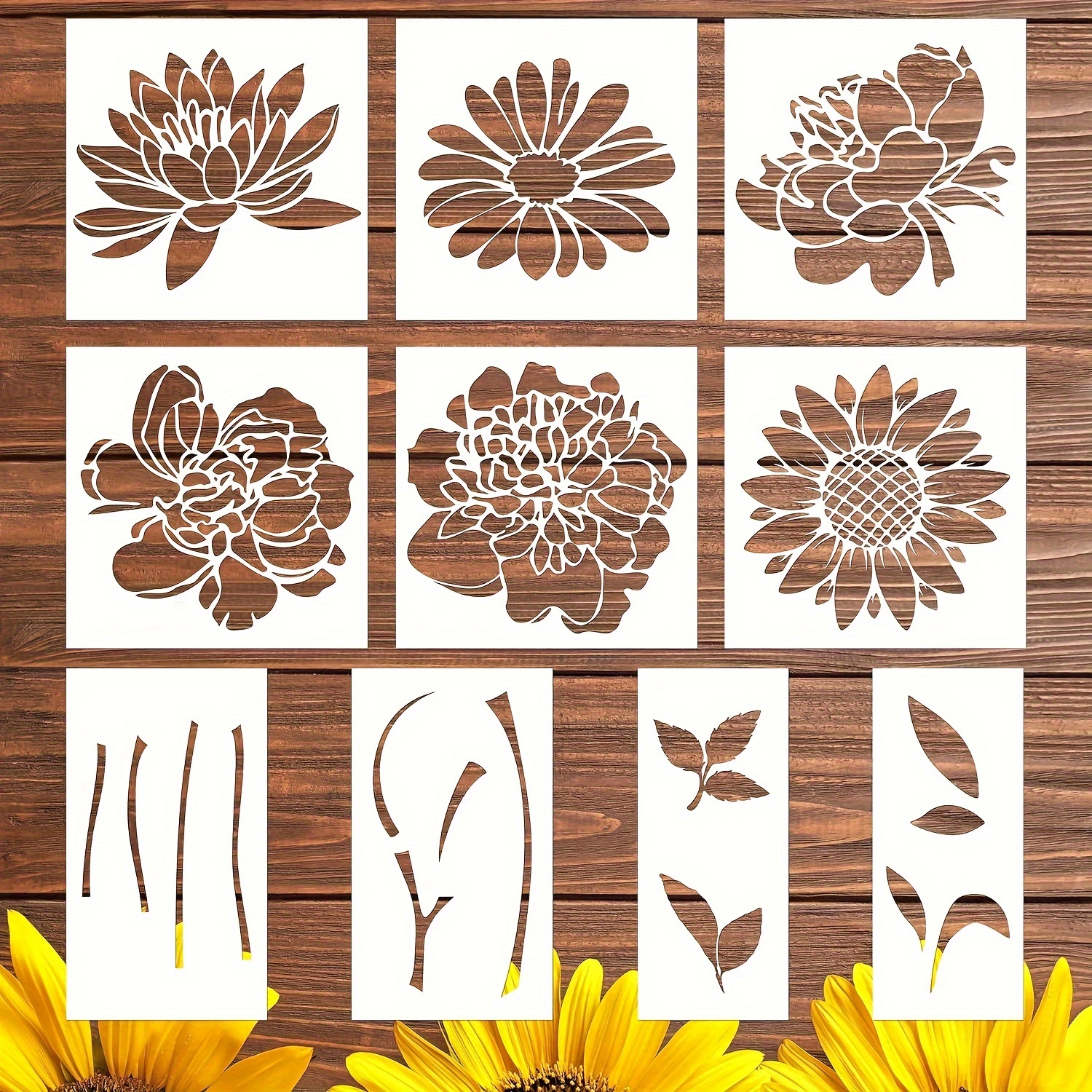 

Large Flower Stencils, 10pcs Reusable Flower Stencils For Painting On Wood, Sunflower Peony Flower Stencils For Painting On Wood Garden Fence Wall Decor, Flower Templates For Painting