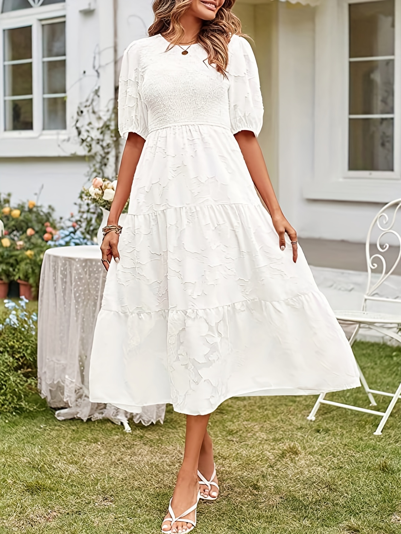 White Jacquard Dresses for Women Classy Summer Short Sleeve Chic