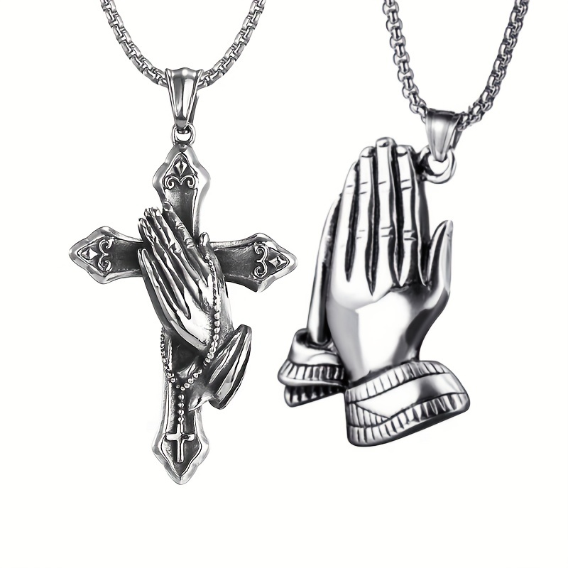 Men s Fashion Praying Hands Cross Pendant Necklace Hiphop Temu