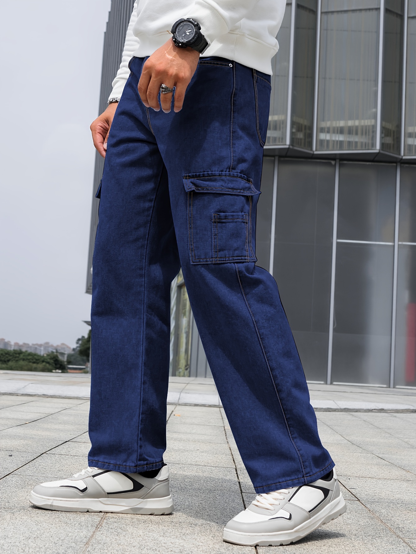 Multi Pocket Loose Fit Jeans Men's Casual Street Style Denim