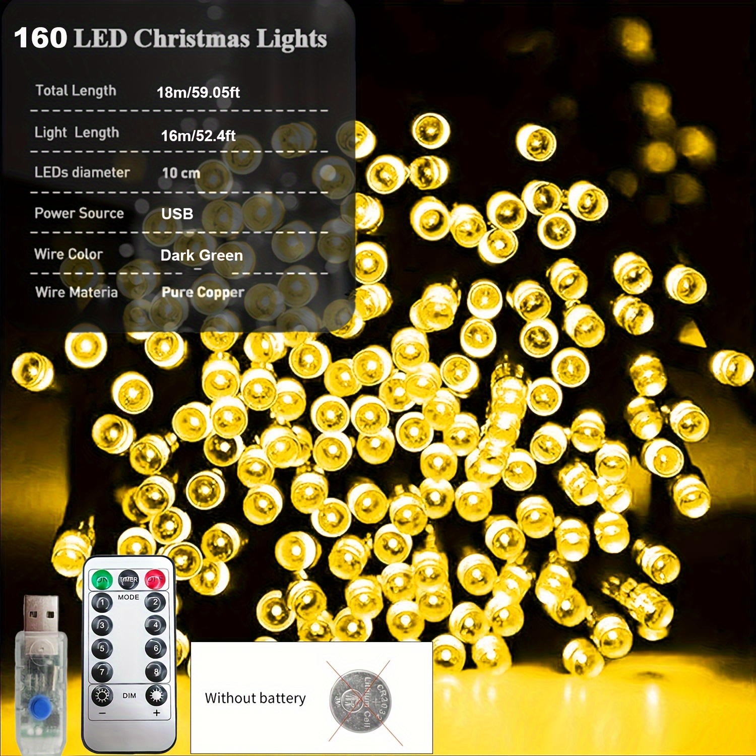 Usb Eight Function String Light, 100/130/160 Led Light, With Remote Control  And Timing Function, Without Battery, For Christmas Indoor And Outdoor  Decoration - Temu