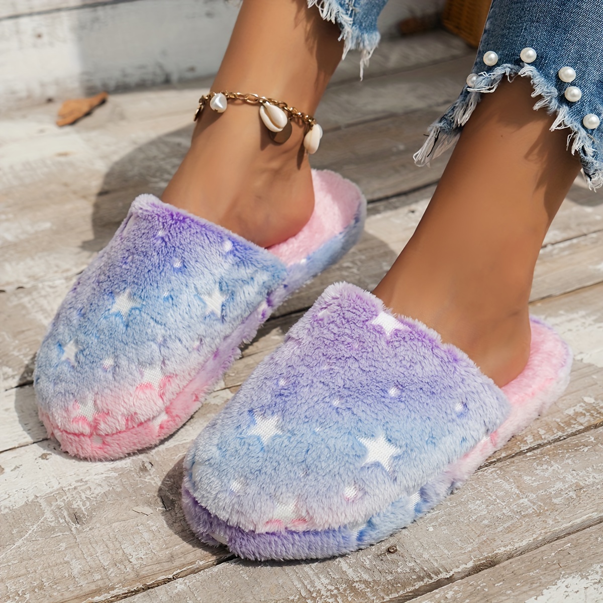 Winter Star Ombre Plush Slippers Closed Toe Soft Sole Slip - Temu