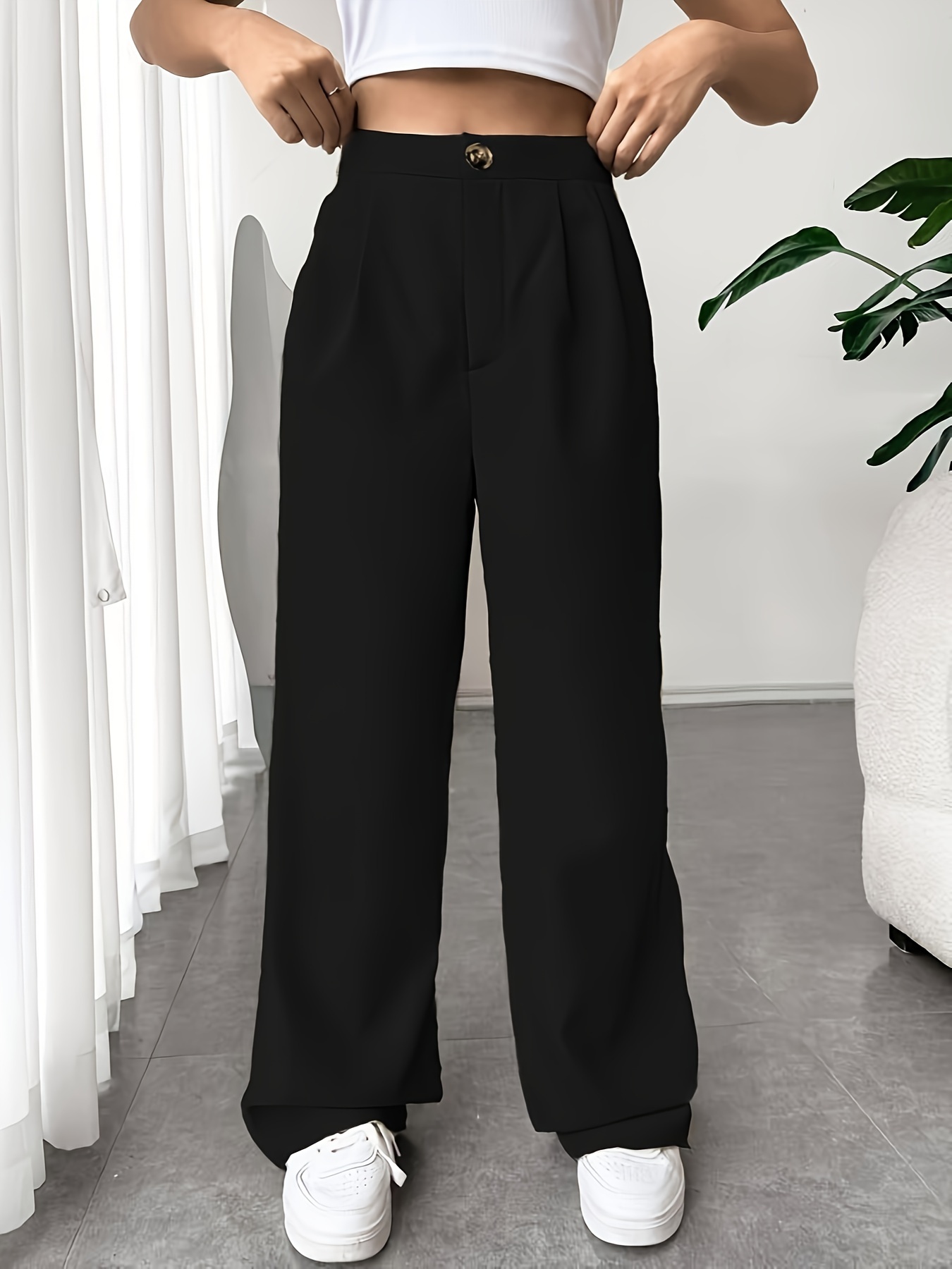 Solid Straight Leg Pants Elegant High Waist Fashion Pants - Temu Canada