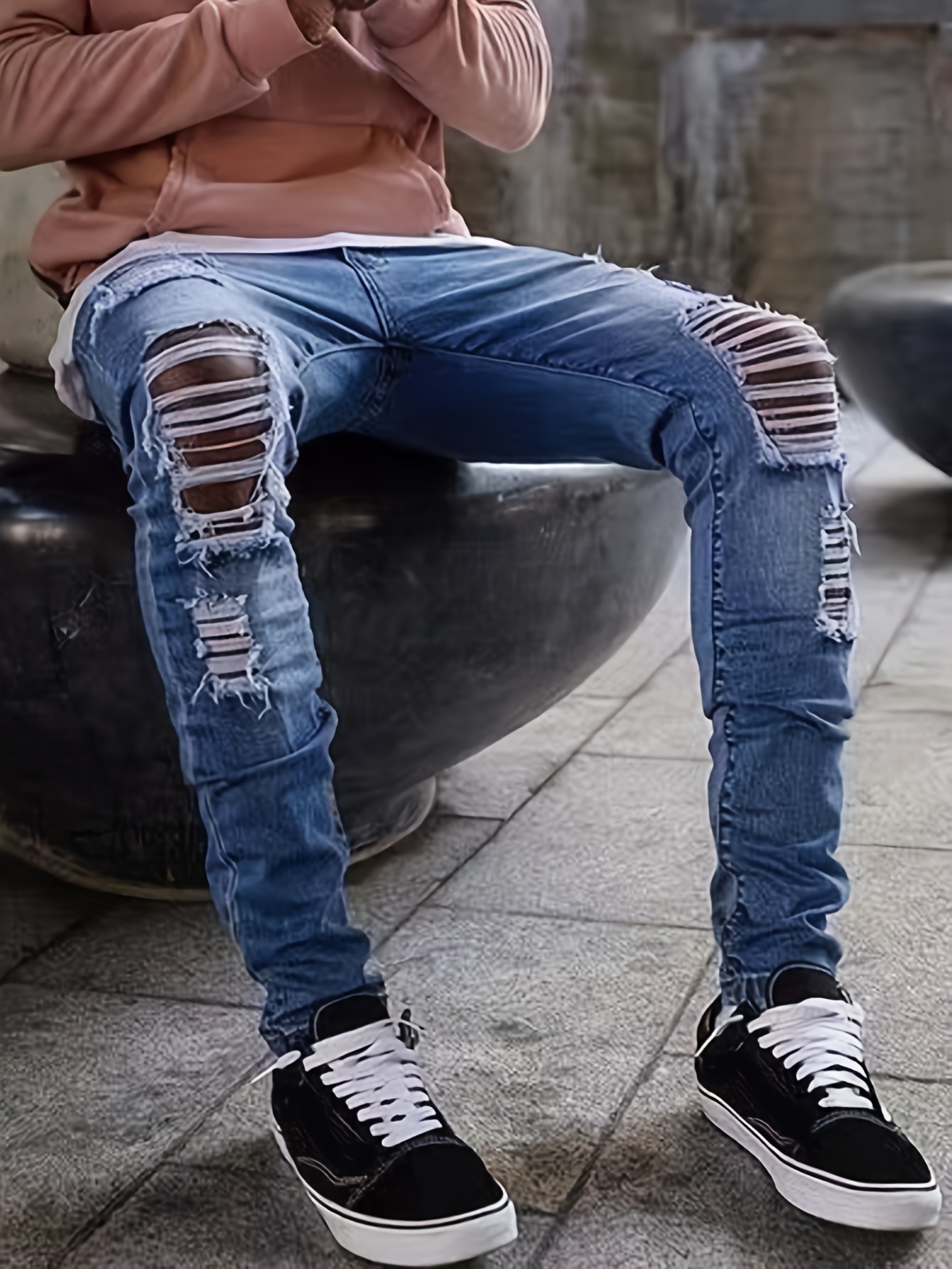 Zipper Decoration Slim Fit Ripped Biker Jeans Men's Casual - Temu Canada