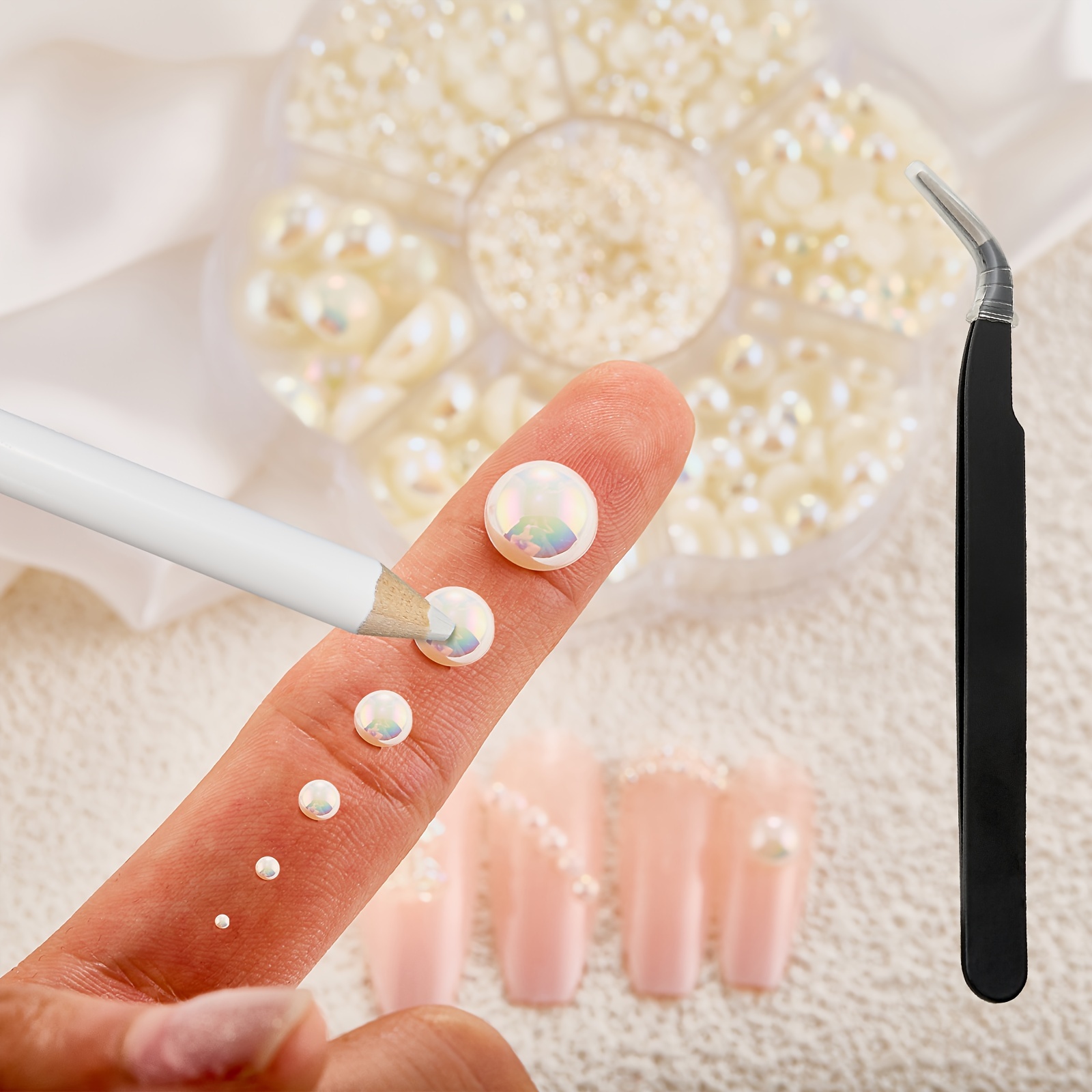 Flatback Nail Pearls Set With Tweezers And Pickup Pencil For Nail