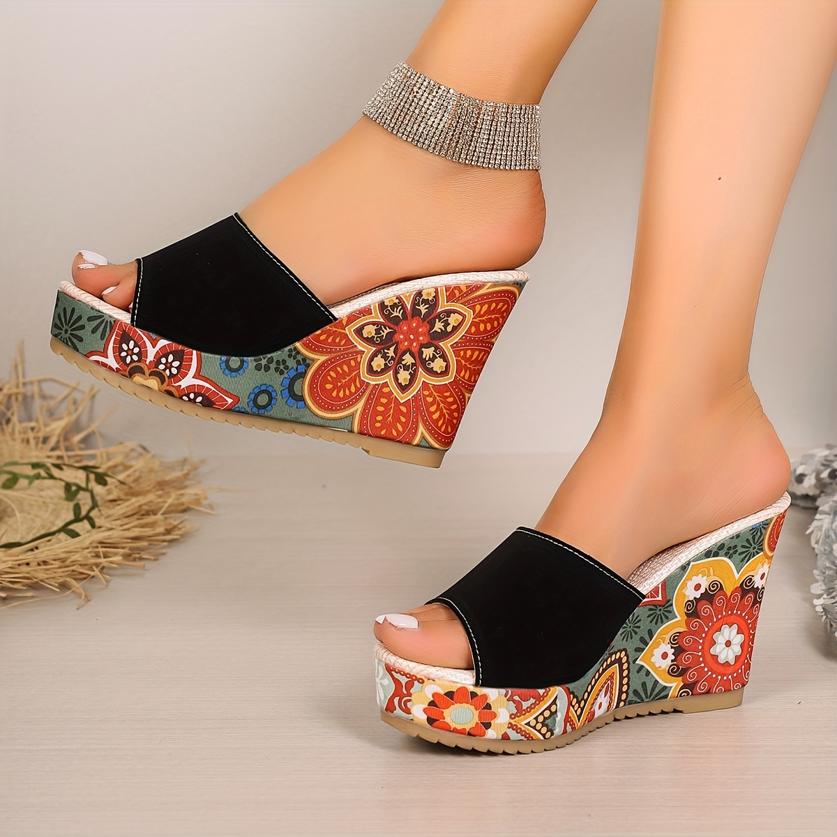 Women's Floral Print Wedge Sandals, Stylish Ribbon Details Platform  Sandals, Fashion Dressy Shoes