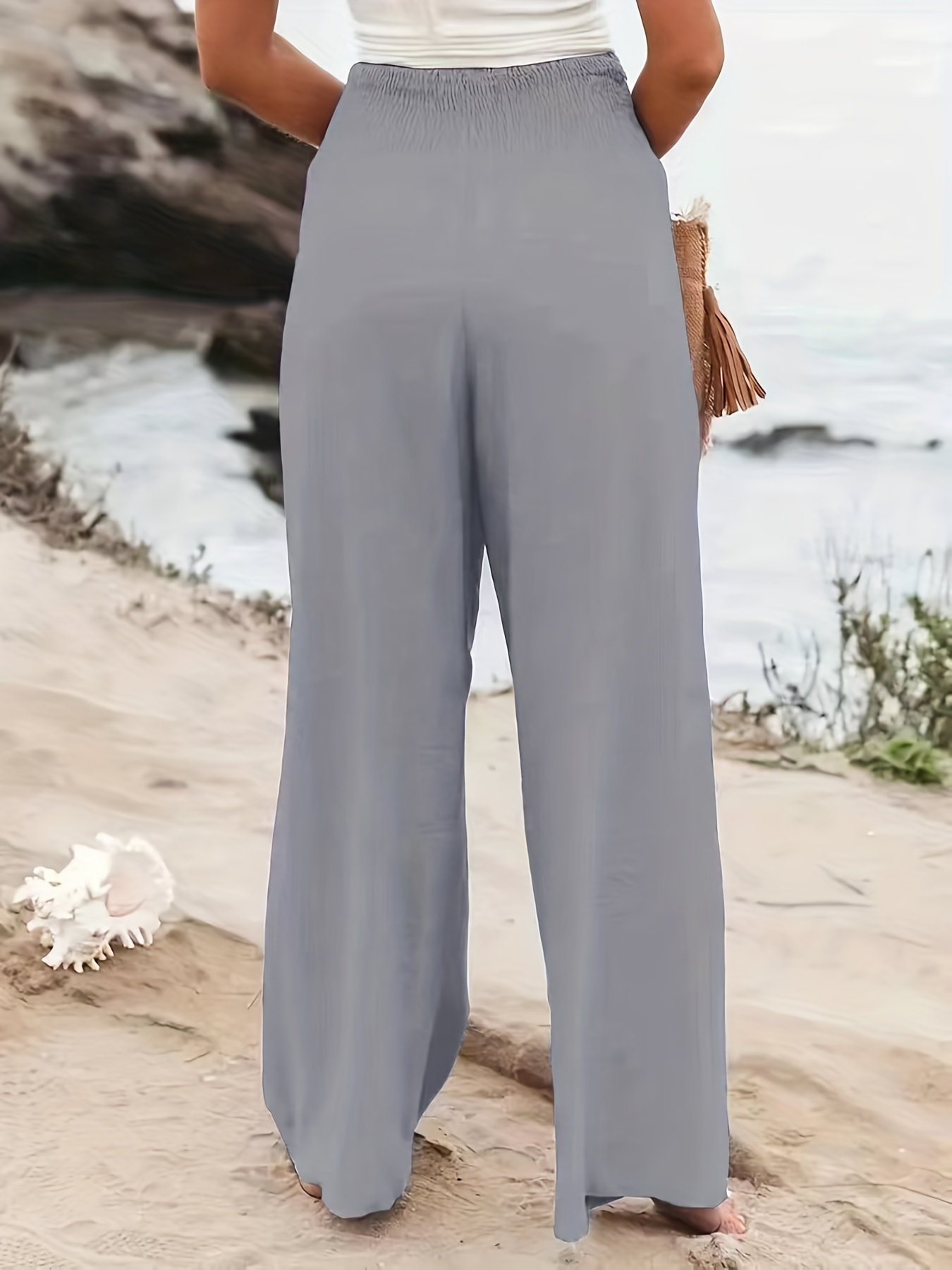 Famulily Linen Pants Women Casual Wide Leg Loose High Waist Smocked Trouser  Comfy Elastic Palazzo Lounge Pant with Pockets : : Clothing