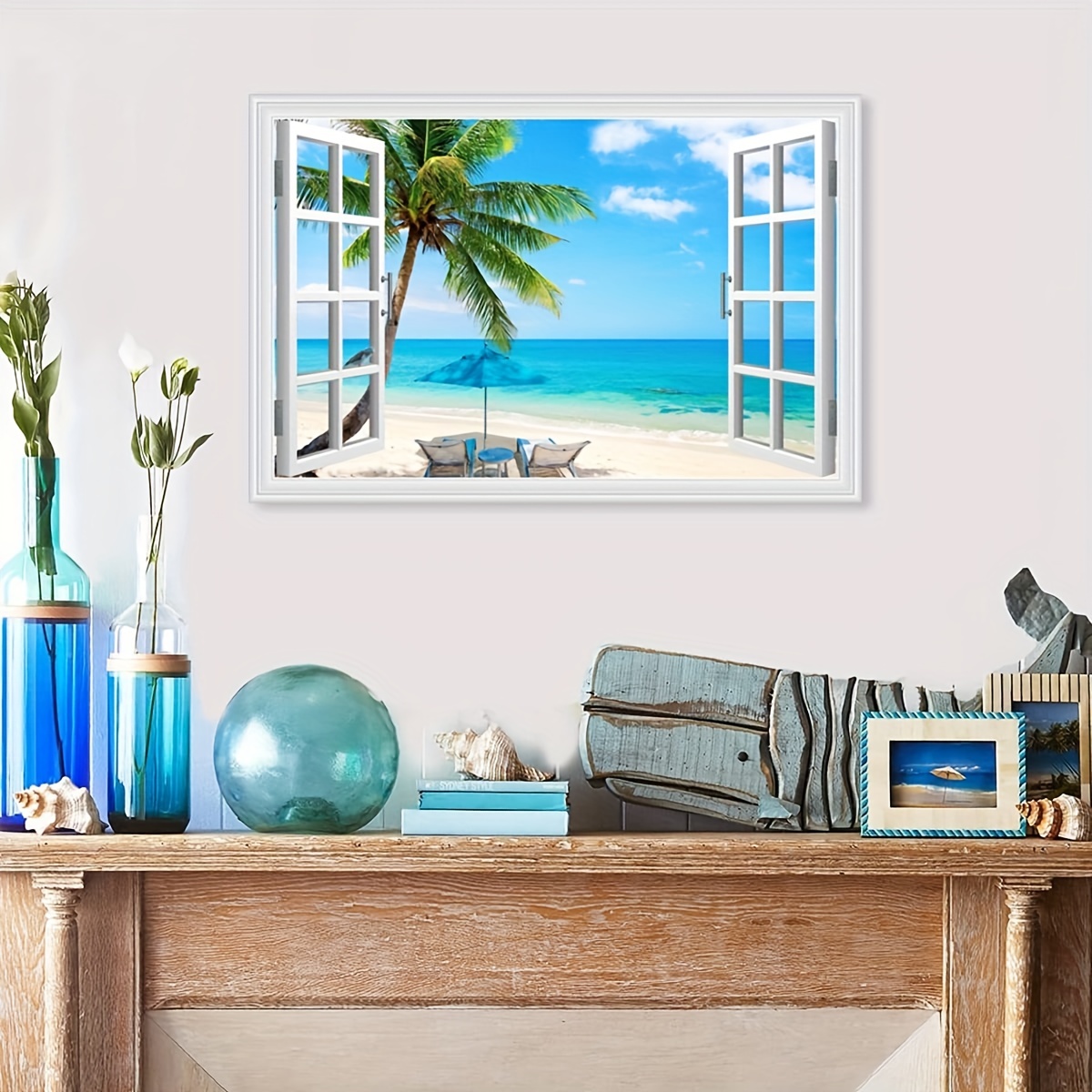 Beach Pictures Wall Art Decor for Living Room Blue Ocean Painting Decor for  Bedroom White Window Frame Style Palm Trees Canvas Wall Decor Blue Coastal  Landscape Artwork for Bathroom Home Office Decoration