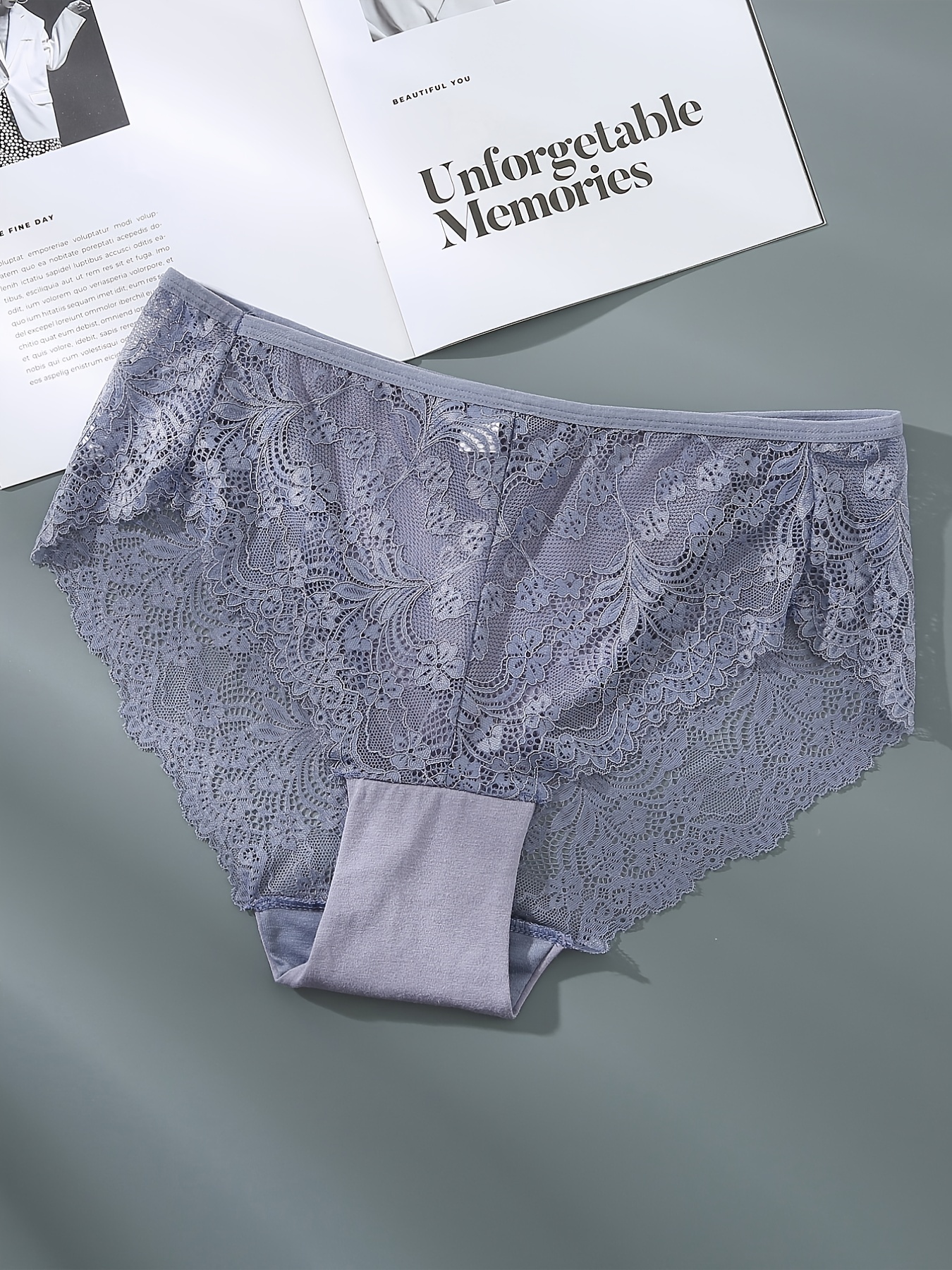 Plus Size Contrast Lace Semi Sheer Panties, Women's Plus Solid High Stretch  Underwear Briefs