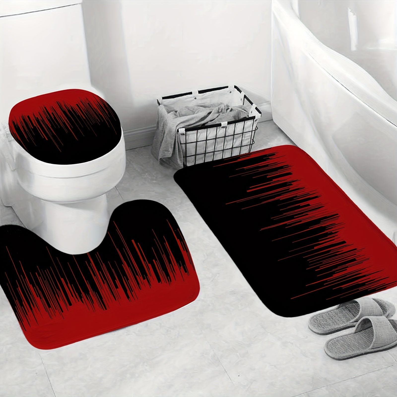 Waterproof Red Black Bathroom Set Non slip Rug Shower - Temu