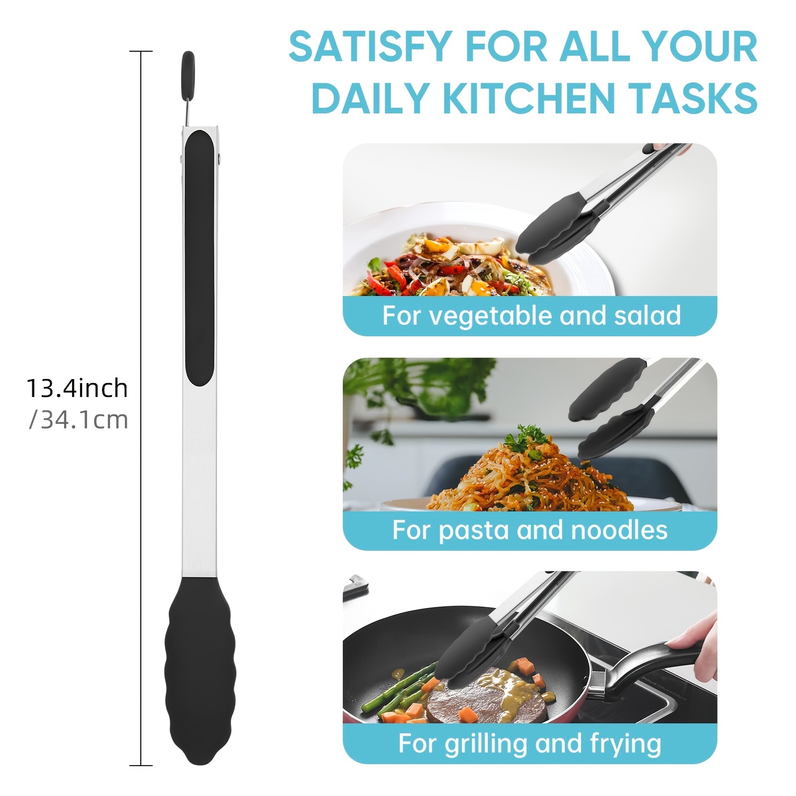 1pc Cooking Kitchen Tongs with Silicone Tips - Stainless Steel
