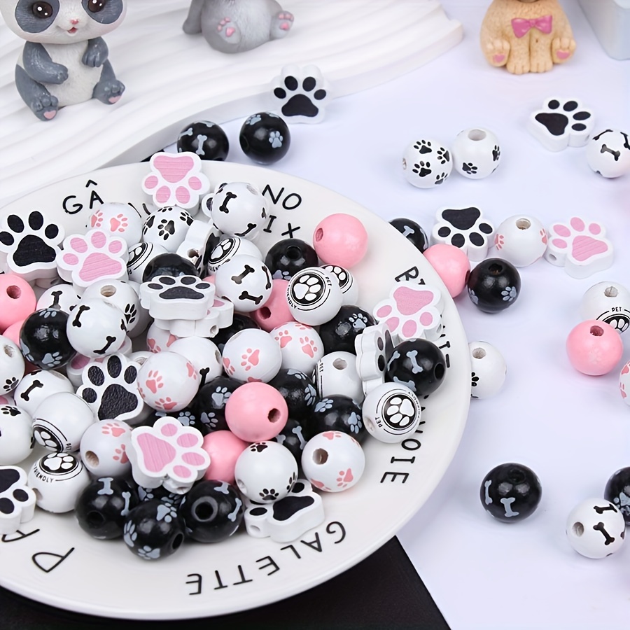 

40pcs Dog Cat Paw Bone Mold Wooden Spacer Loose Beads For Jewelry Making Diy Creative Beaded Bracelet Other Decors Handmade Craft Supplies
