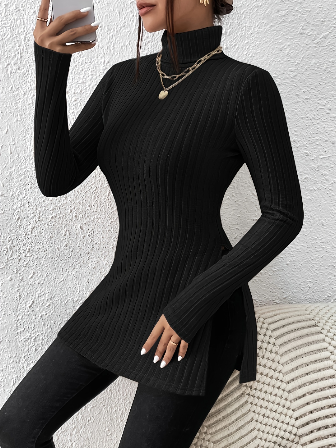 Turtleneck Ribbed Split T shirt Elegant Long Sleeve Solid T - Temu