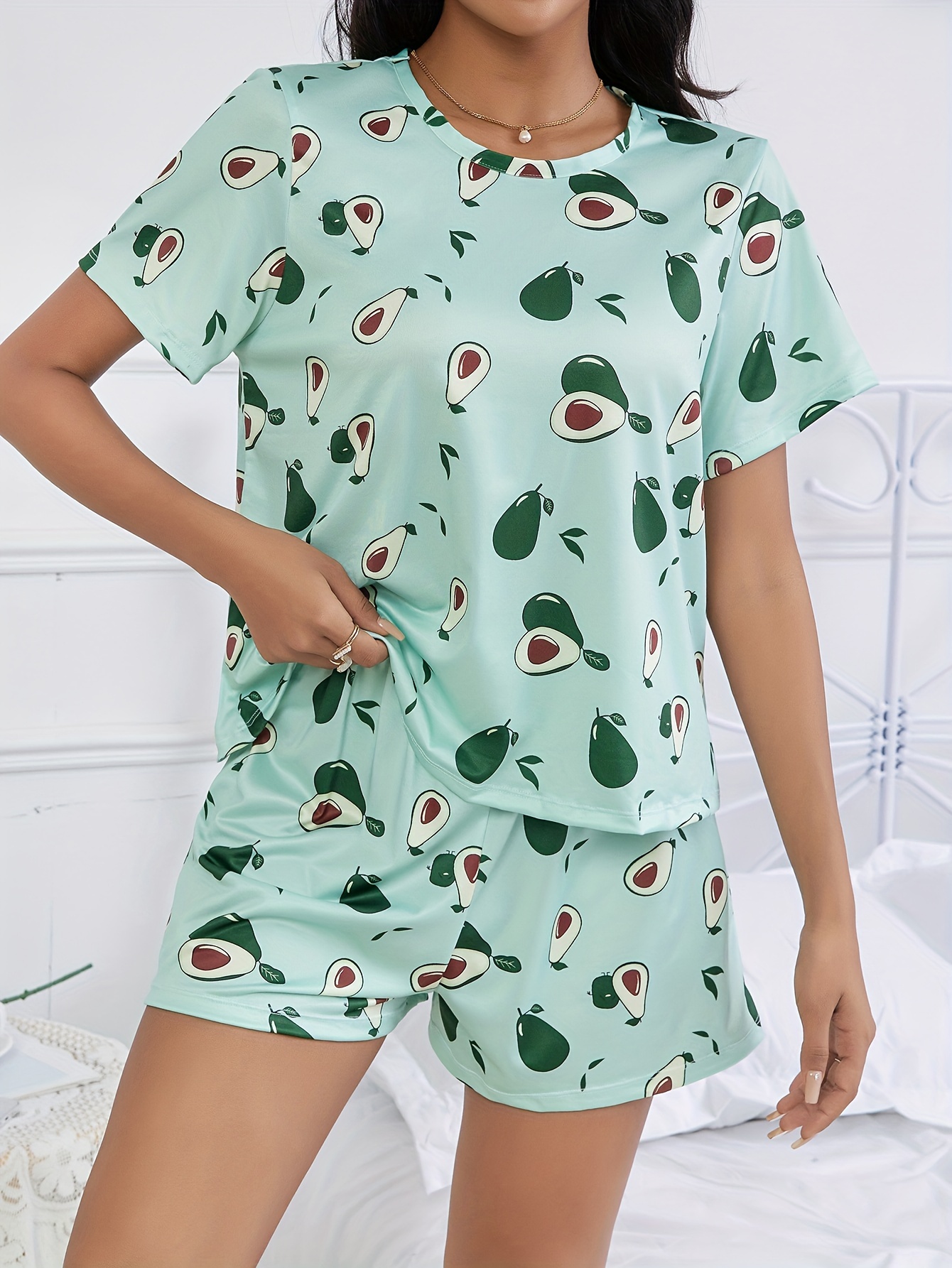 Neck Set Pajama Sleeve Top Print Short - Crew Avocado Elastic Temu