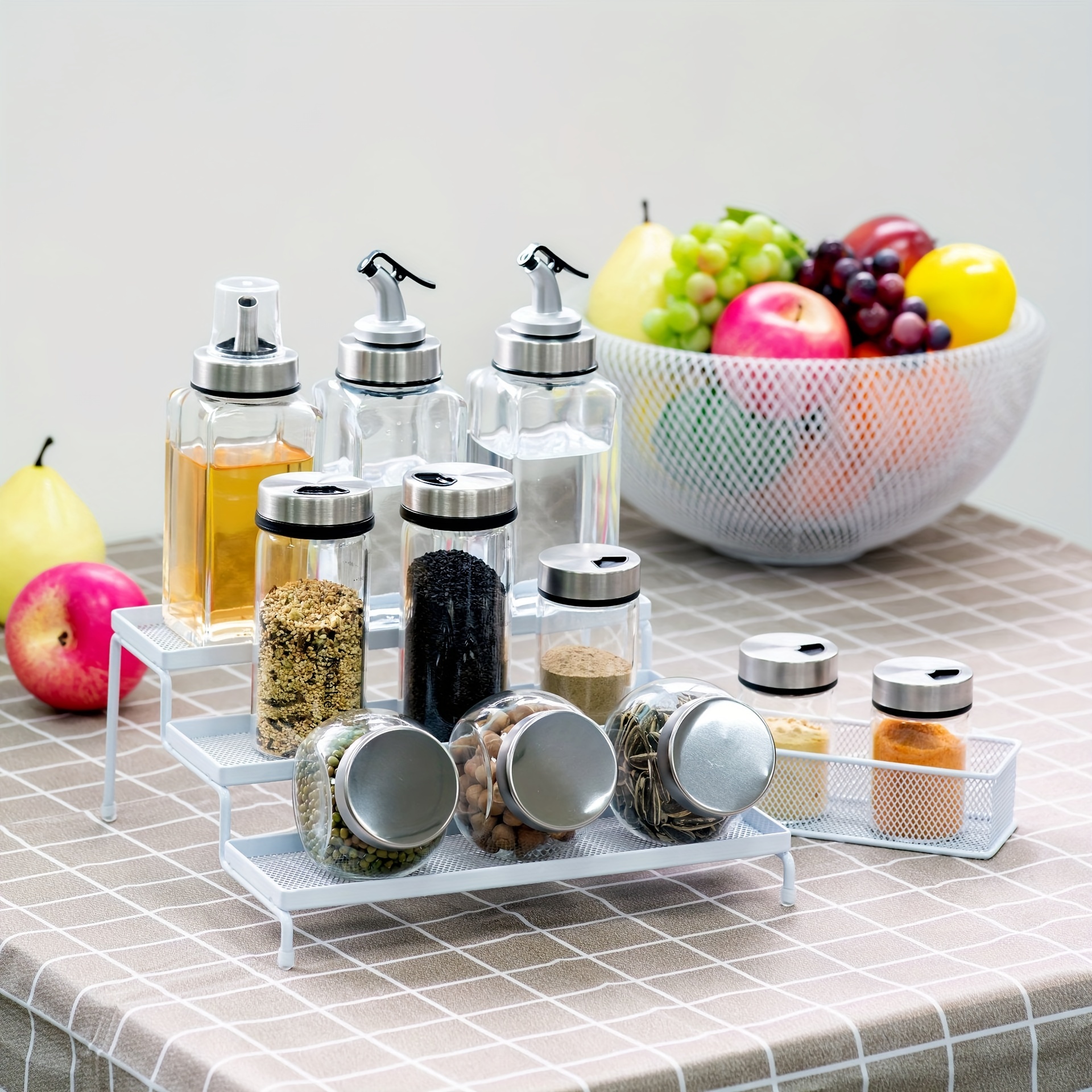 Acrylic Spice Drawer Organizer Expandable Bottle Storage Seasoning Organizer  Adjustable for Cabinet Countertop Bedroom Black 
