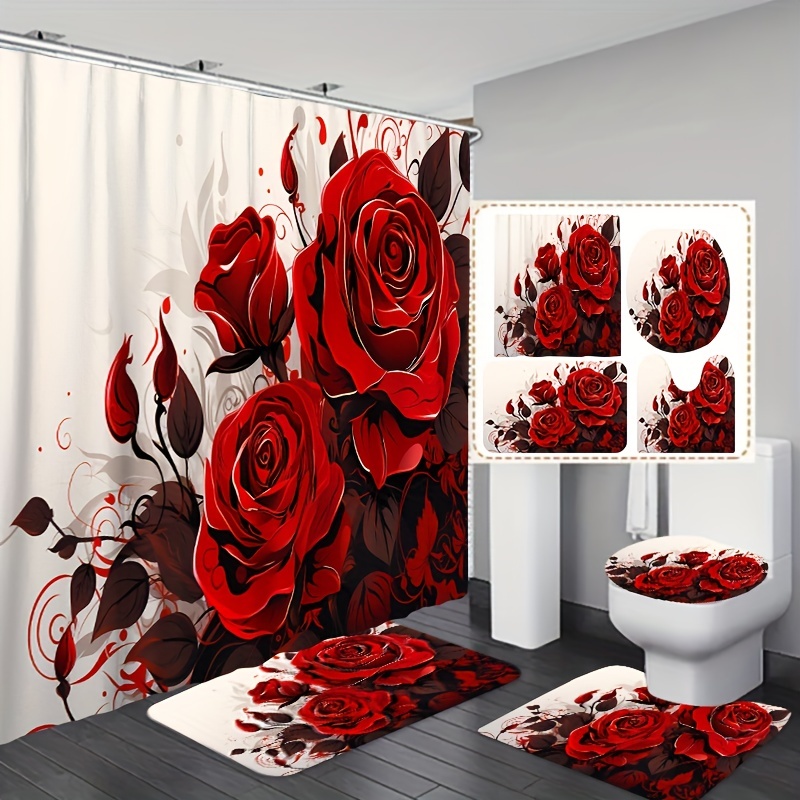 

1/3/4pcs Red Rose Pattern Shower Curtain Set, Waterproof Shower Curtain With 12 Hooks, Non-slip Bath Rug, Toilet U-shape Mat, Toilet Lid Cover Pad, Bathroom Accessories, 180*180cm/70.8*70.8in