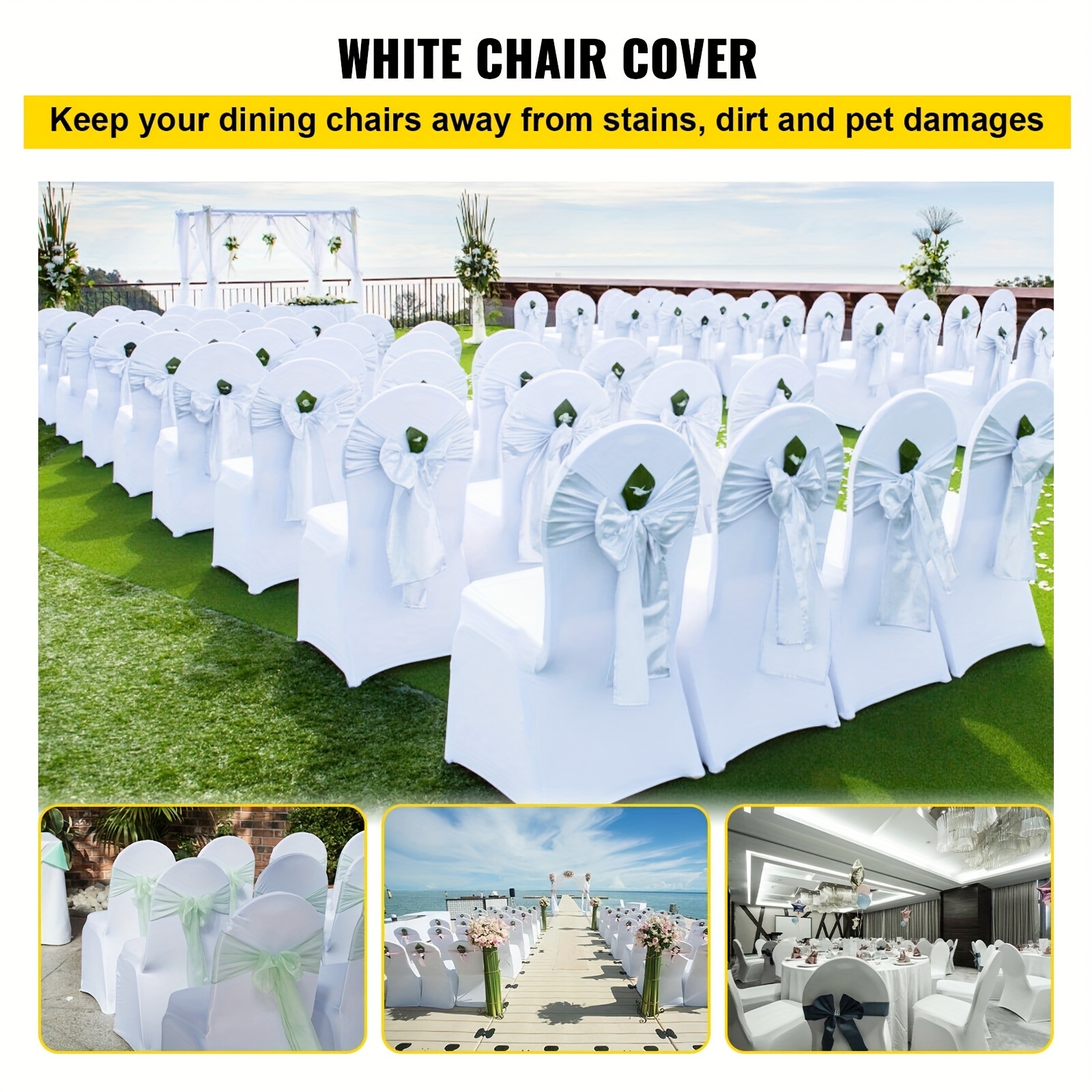 Lot de 100 Housse de Chaise Extensible Ruban Stretch Couverture de Chaise  pour de Mariage, Banquet,Cérémonie, Blanc