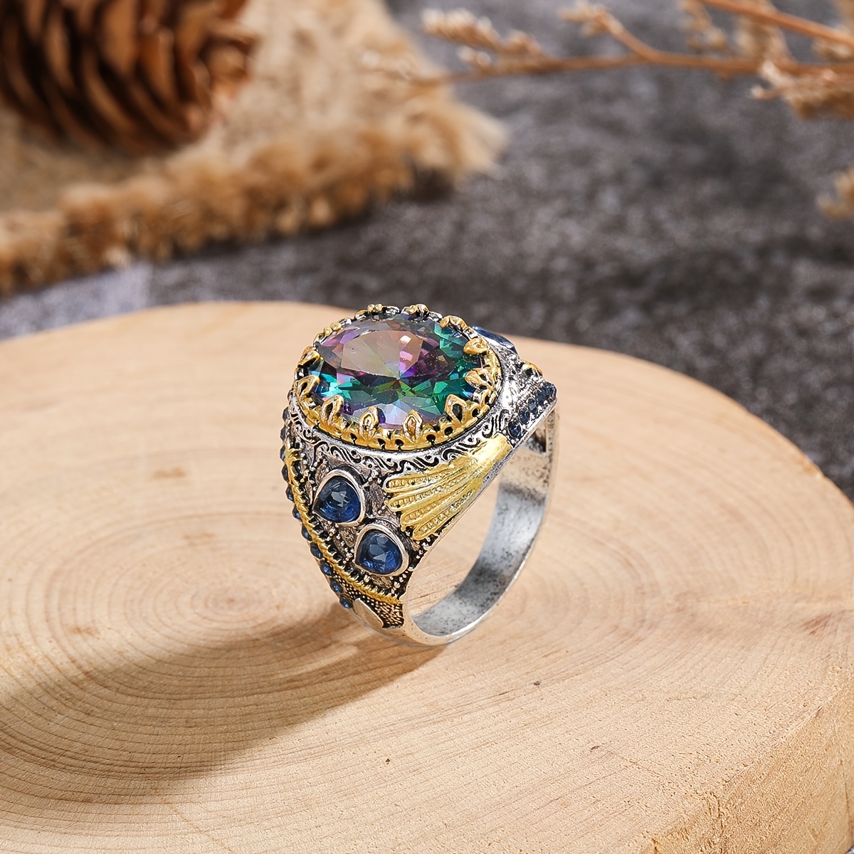 Retro Colorful Round Zircon Ring for Men