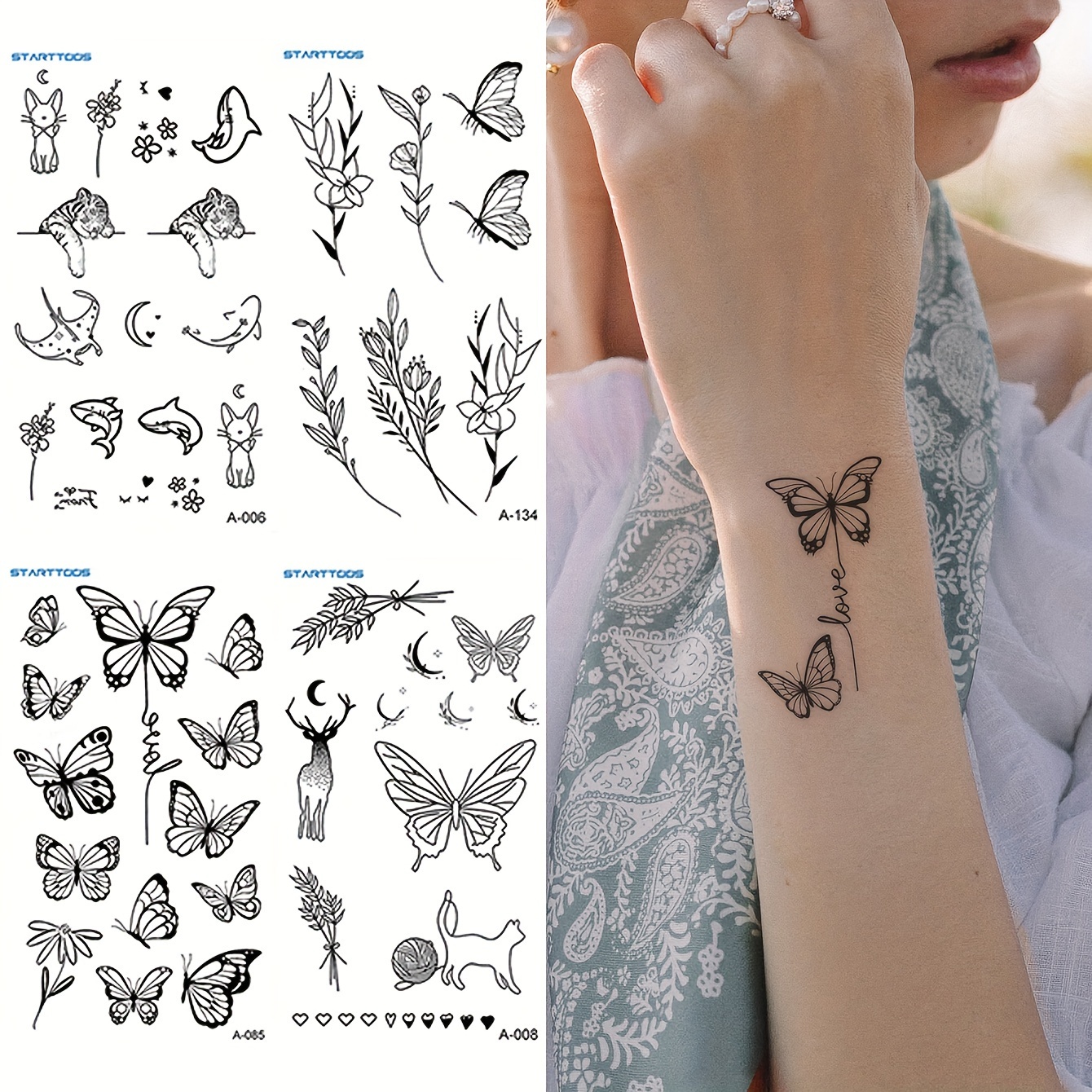 4PCS Schwarzes Tier Blume Schmetterling Temporäre Tattoo, Finger Handgelenk  Körper Kleine Temporäre Tattoo Aufkleber Körperkunst