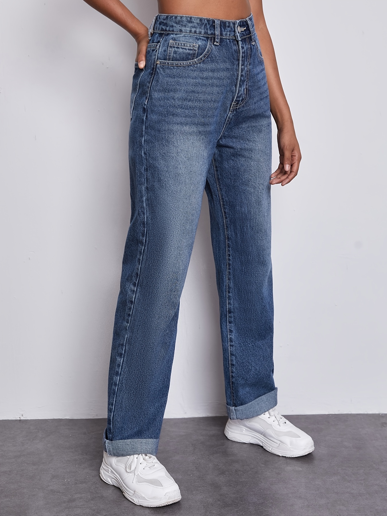 Jeans rectos de cintura alta * oscuro, pantalones de mezclilla holgados de  tiro alto con bolsillos oblicuos, jeans y ropa de mujer