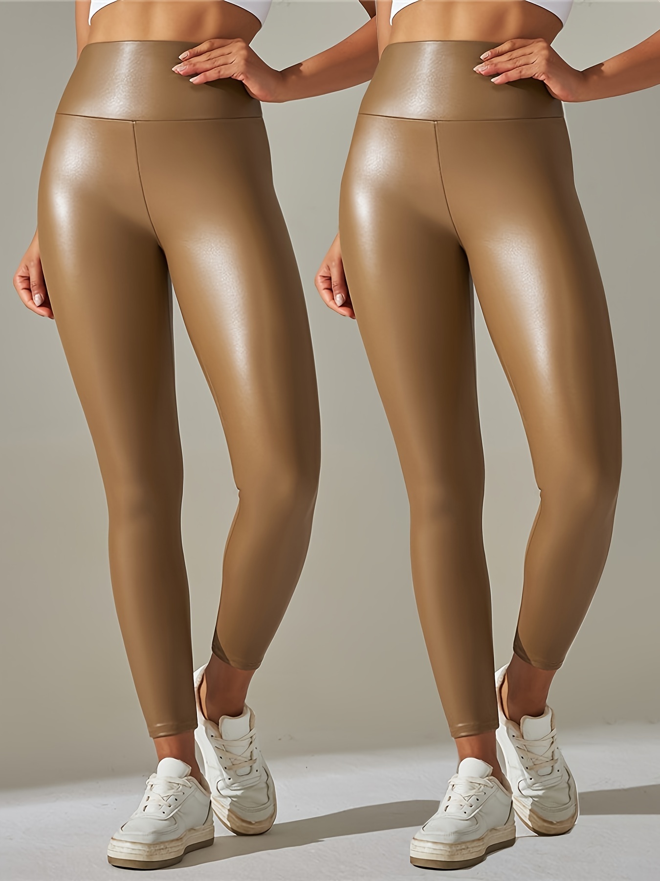 Pu Leather Fashion Yoga Pants Slim Fit High Stretch Solid - Temu
