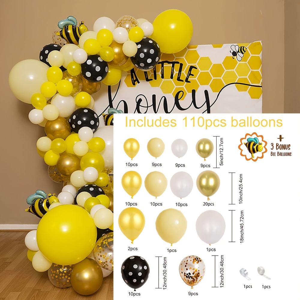 Yellow Black Balloons, 115 PCS Bumble Bee Baby Shower Balloon Garland Kit 