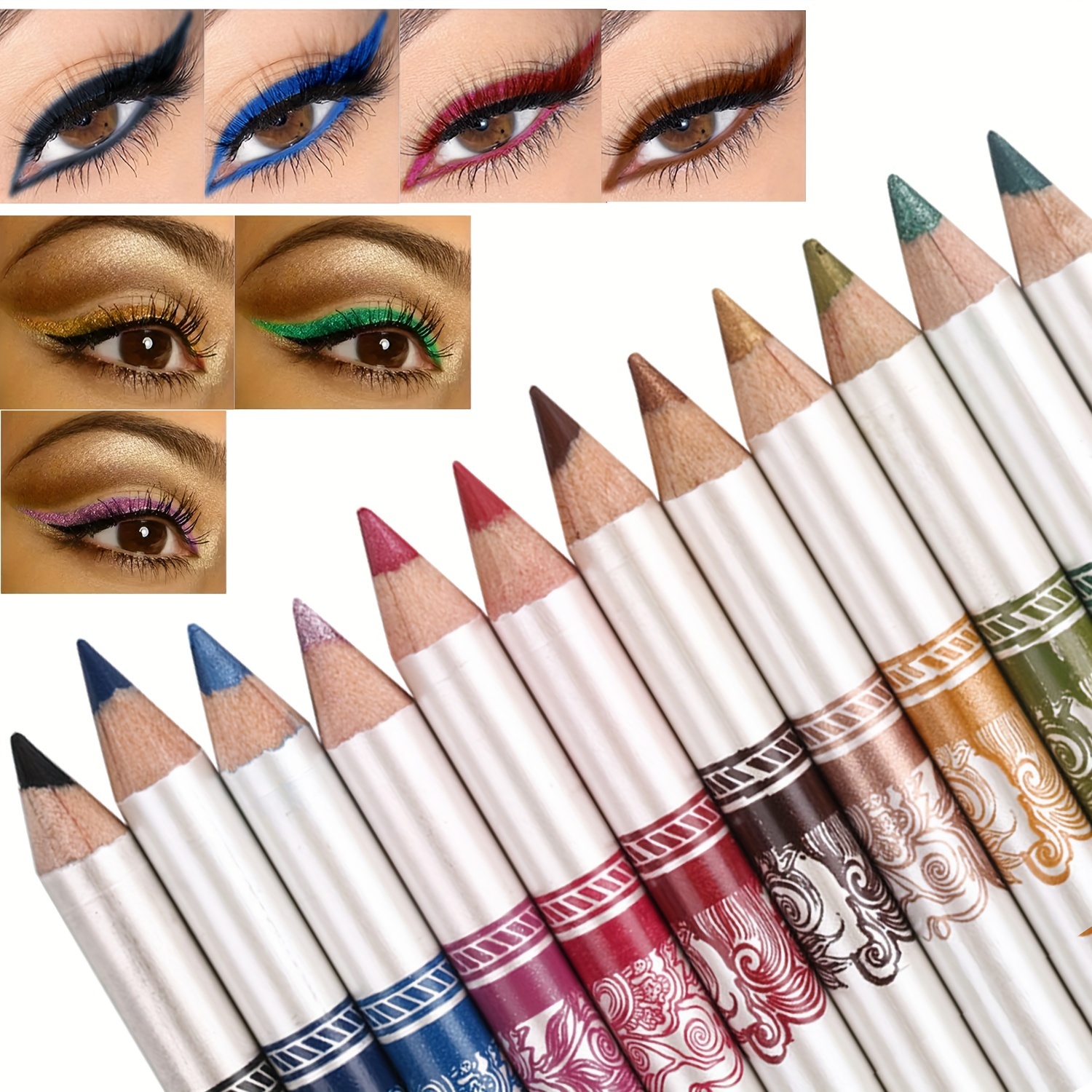 

12 Colored Eyeliner Pencils Black Blue Brown Golden Purple Red Pearly Glitter Matte Smudge Proof Multifunctional Makeup Pen Set