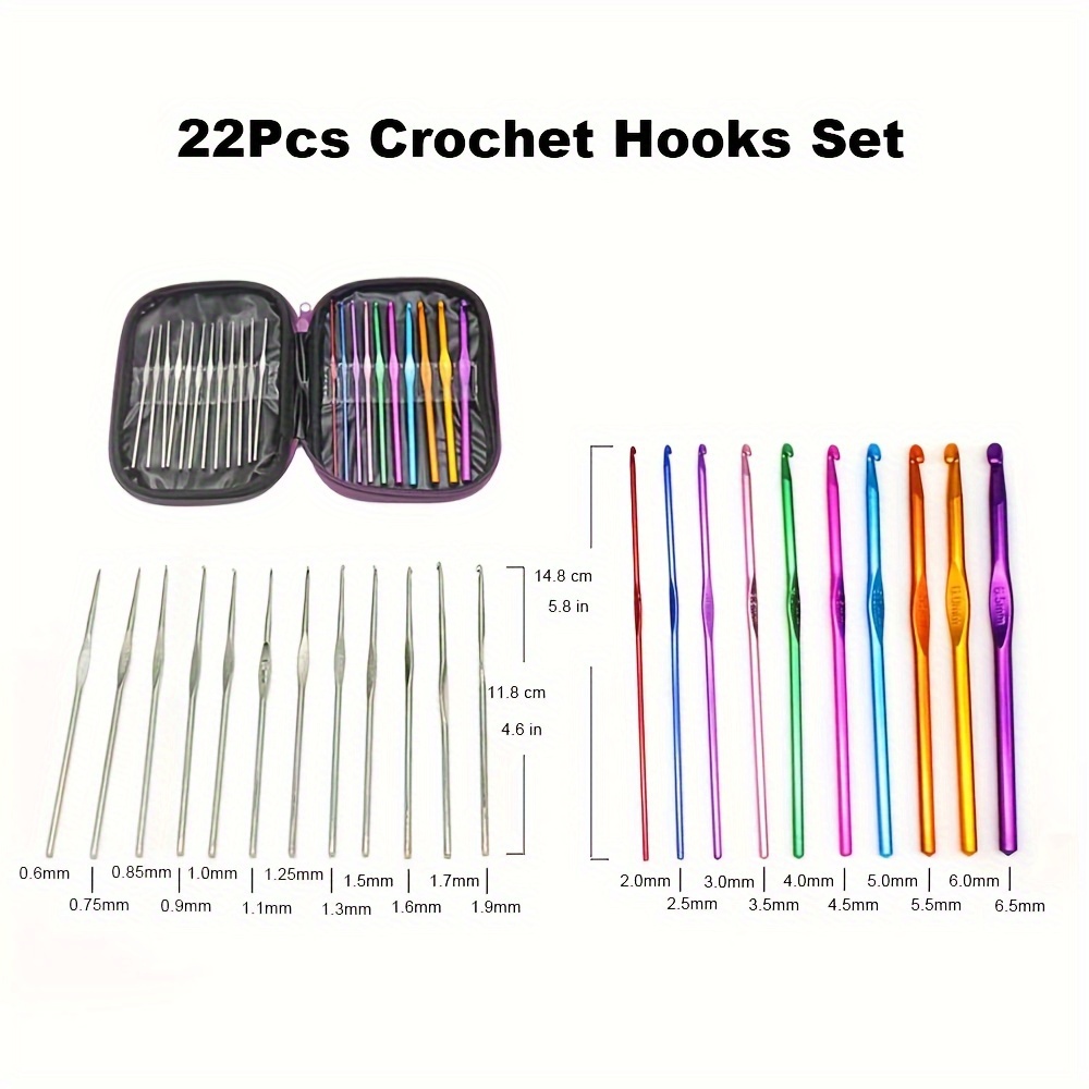 22pcs Mixed Color Metal Crochet Hooks Set Knitting Needles With