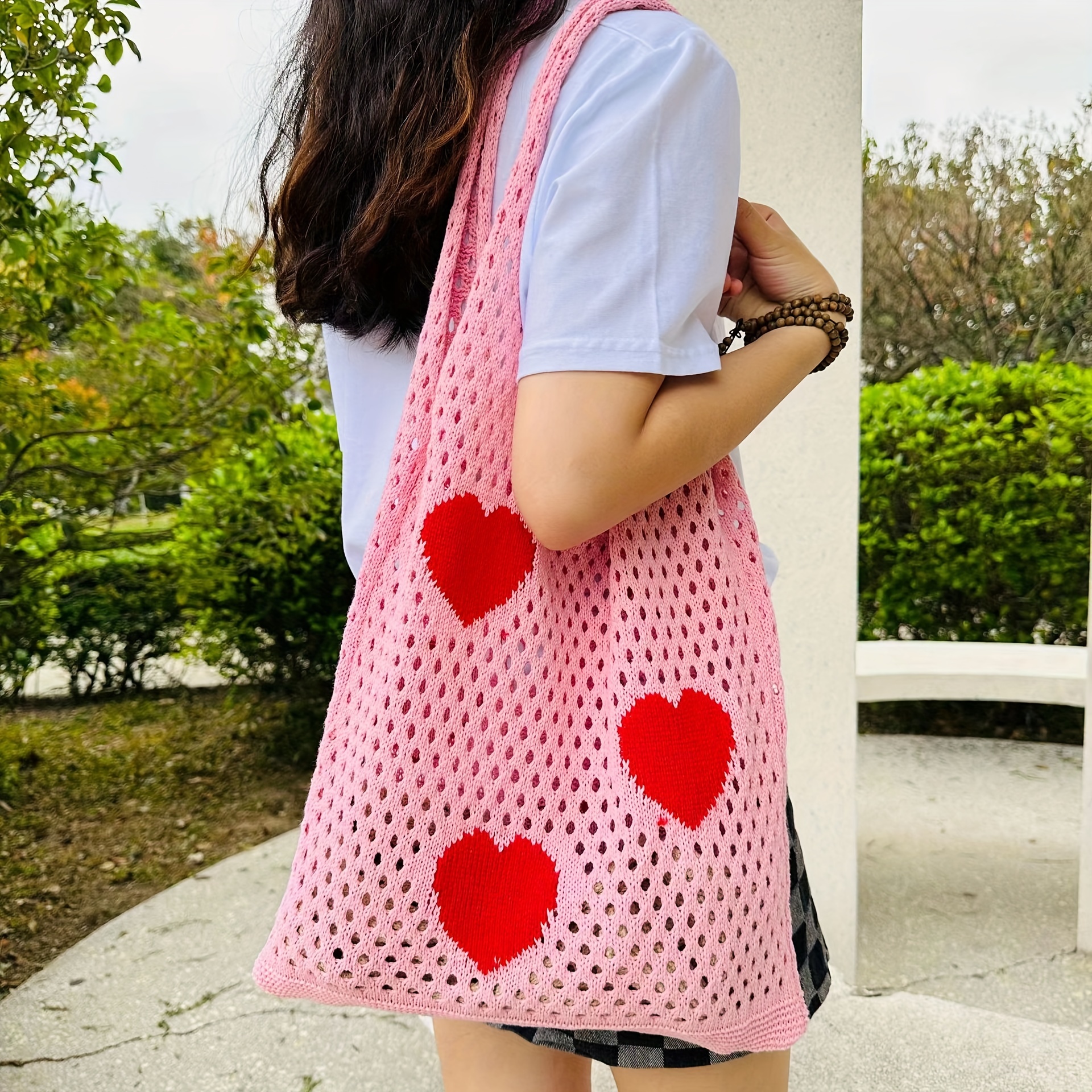 Y2k Love Knitted Tote Bag, Aesthetic Crochet Bag, Heart Woven