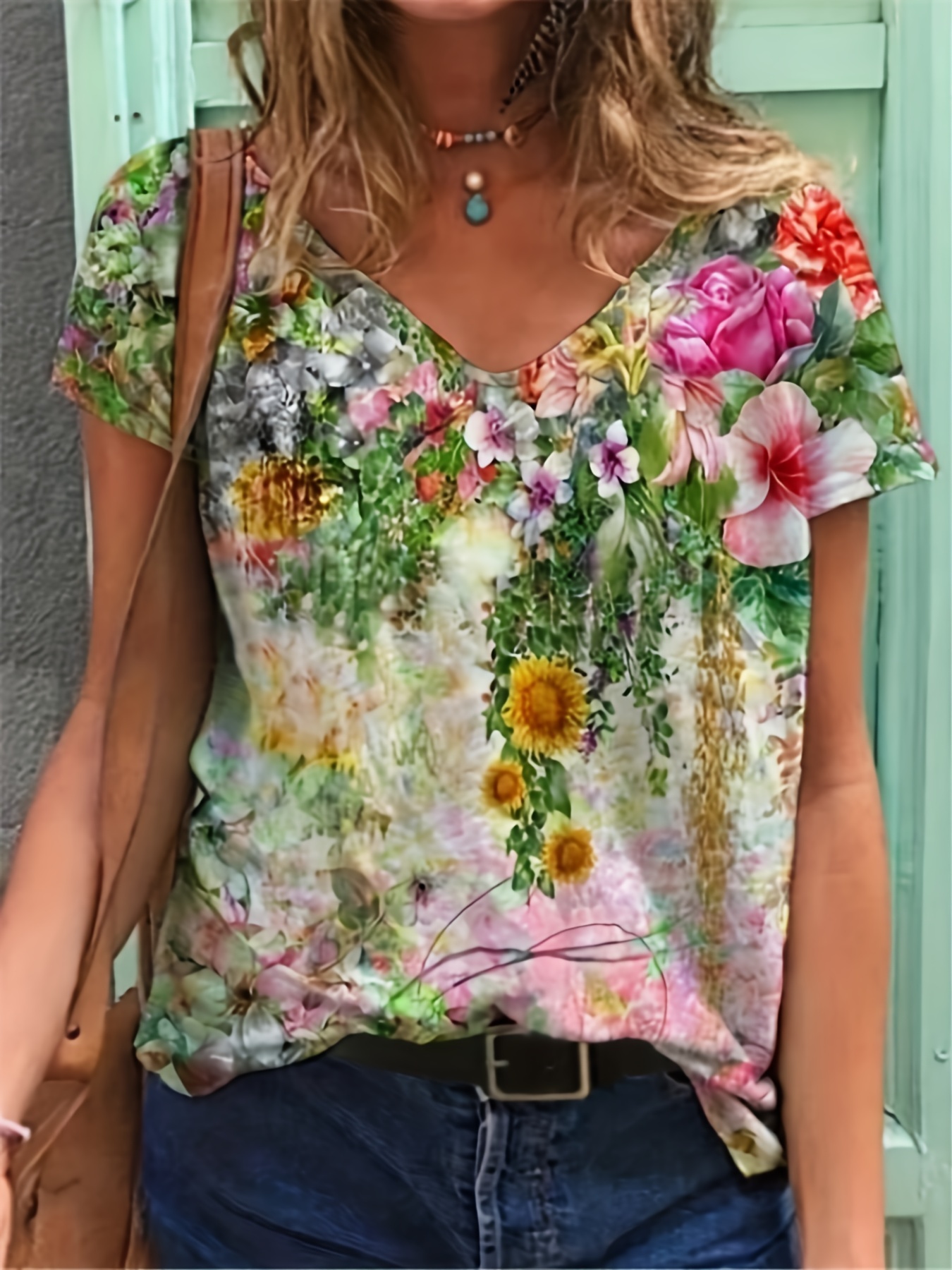 Floral Print V Neck T Shirt Casual Short Sleeve Top For Summer