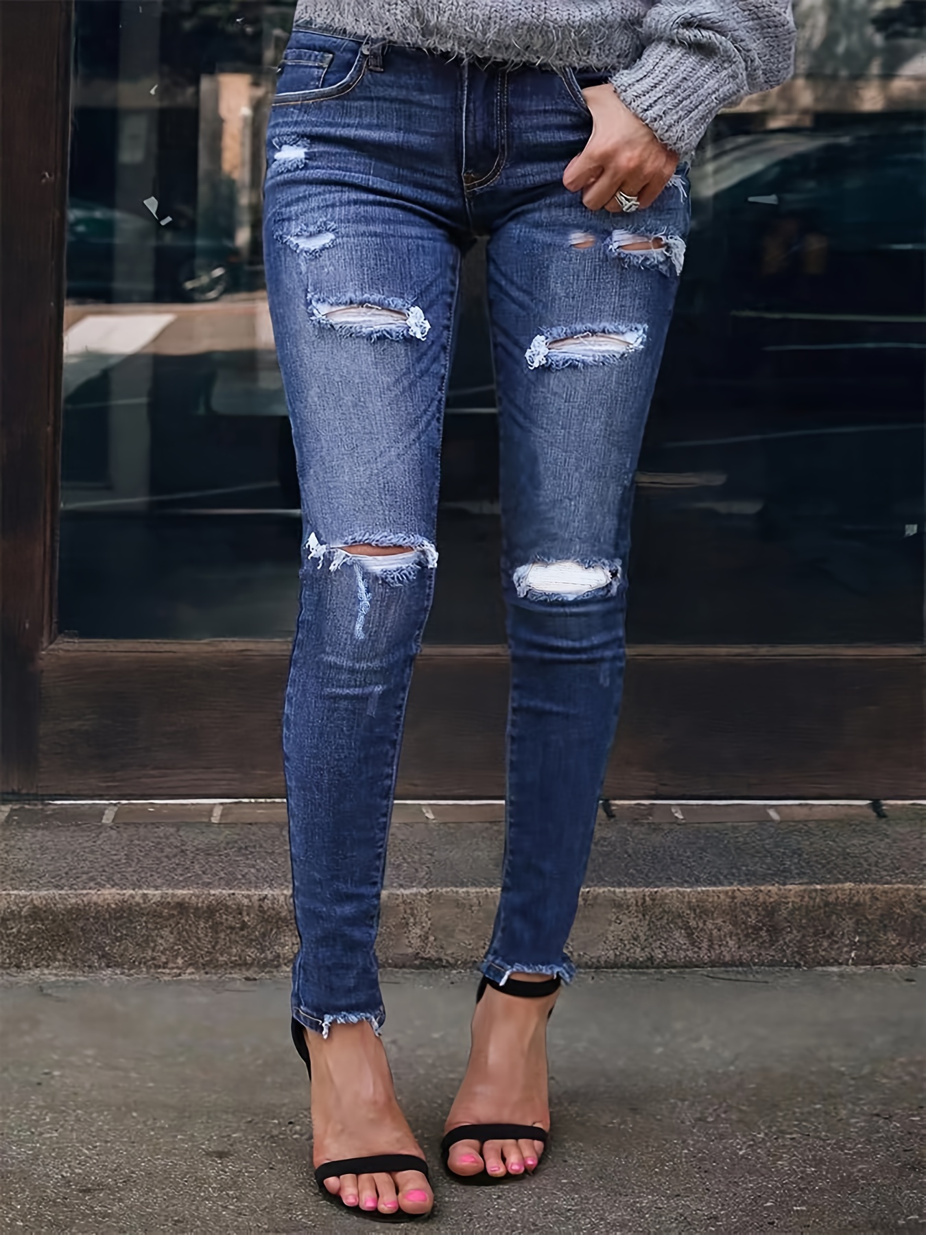 Studded Decor Casual Skinny Jeans Slim Fit High Stretch - Temu