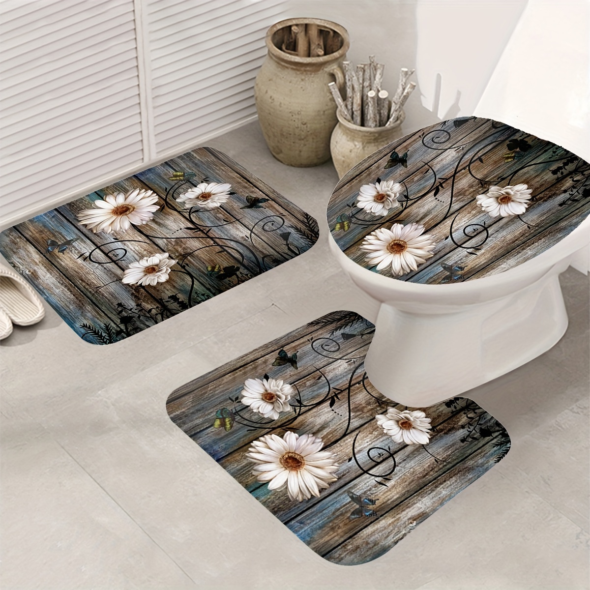 Wood Grain Floral Shower Curtain Bathroom Rug Non-Slip Bath Mat Toilet Lid  Cover