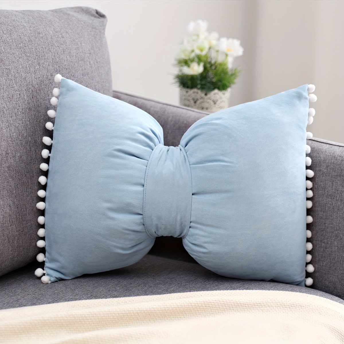 TEMU 1pc Suede Fuzzy Pom Pom Bow Throw Pillow Cover - Removable Strap, Perfect For Bedroom, Sofa, And Living Room Decor - 12x20 Inches
