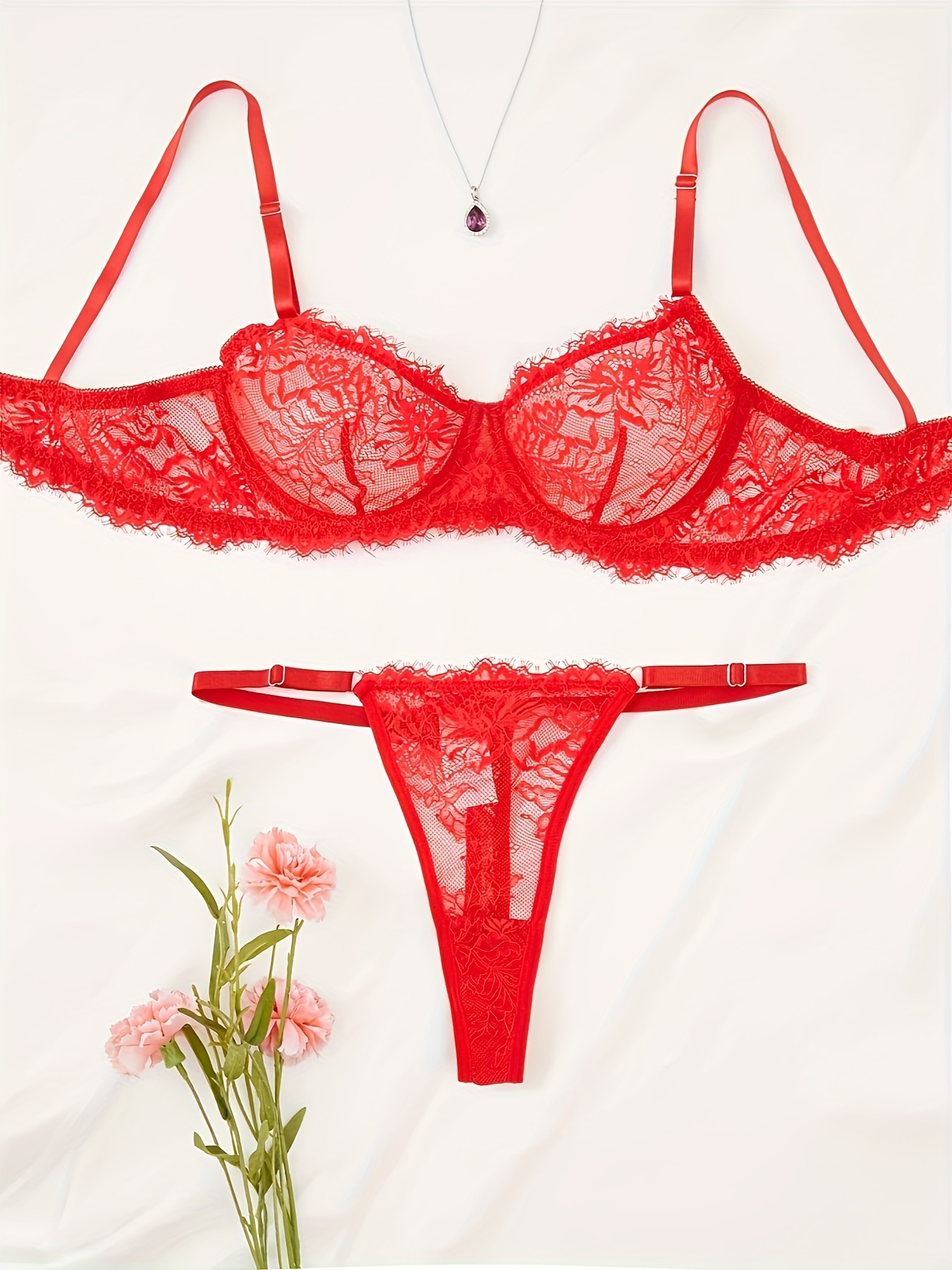Floral Lace Lingerie Set, Semi Sheer Intimates Bra & Thongs, Women's Sexy  Lingerie & Underwear