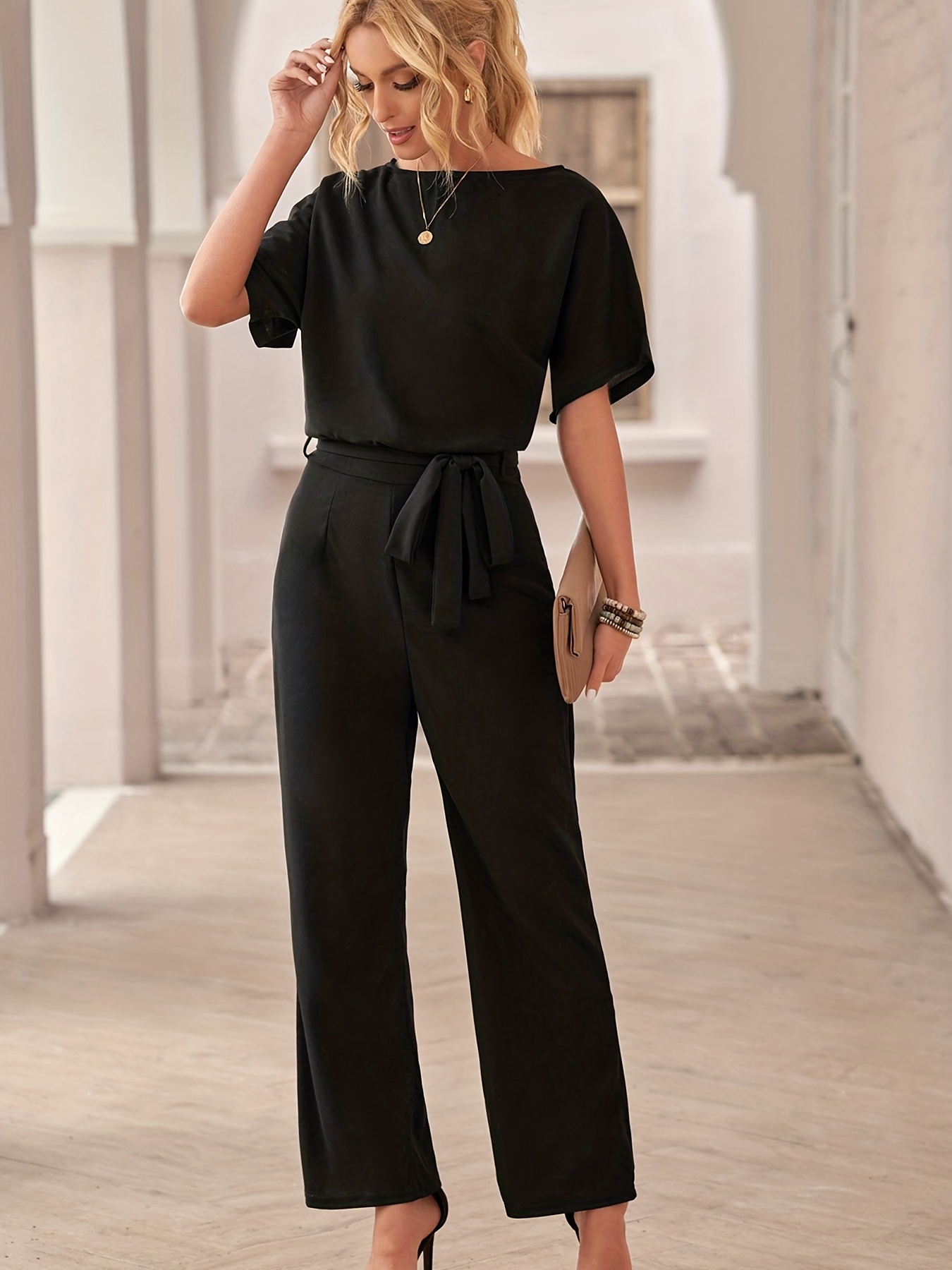 Amazon.com: Acelitt Womens Summer Casual V Neck Short Sleeve Button Down  Belted Black Wide Leg Jumpsuits Small : Clothing, Shoes & Jewelry
