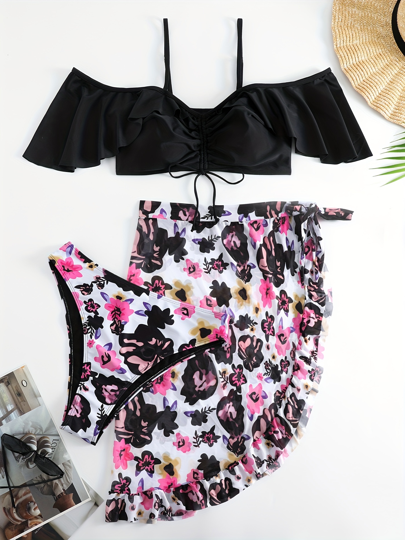 Plus Size Sexy Swimsuit Set, Women's Plus Floral Print Cold Shoulder Ruffle  Trim Top & Panty & Cover Up Skirt Bathing Suit 3 Piece Set